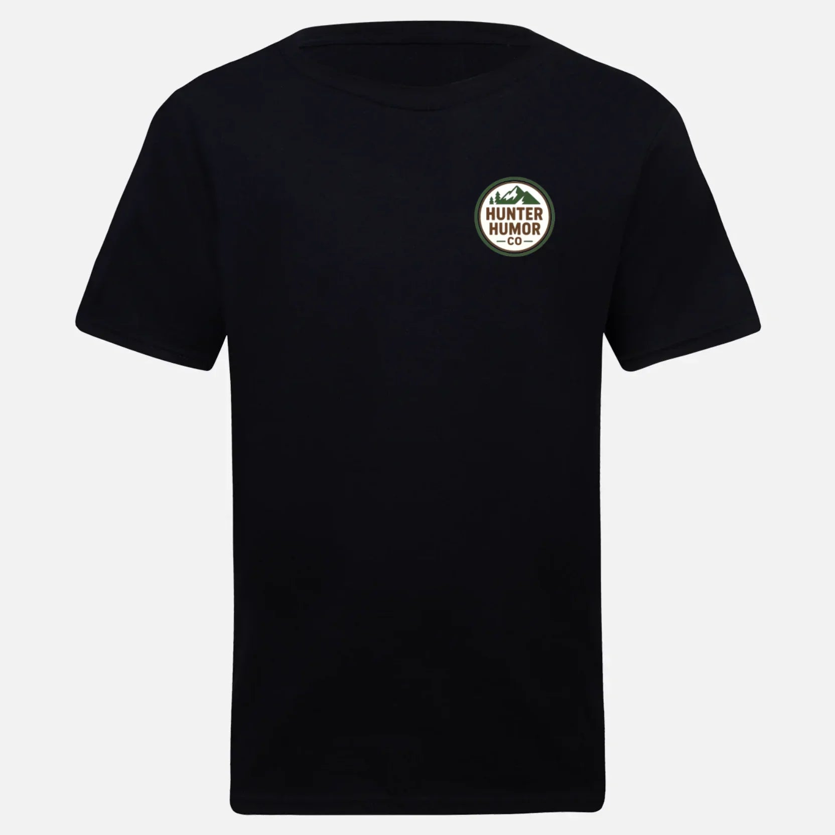 Black t-shirt with Hunter Humor Co logo patch on left chest, simple outdoor apparel