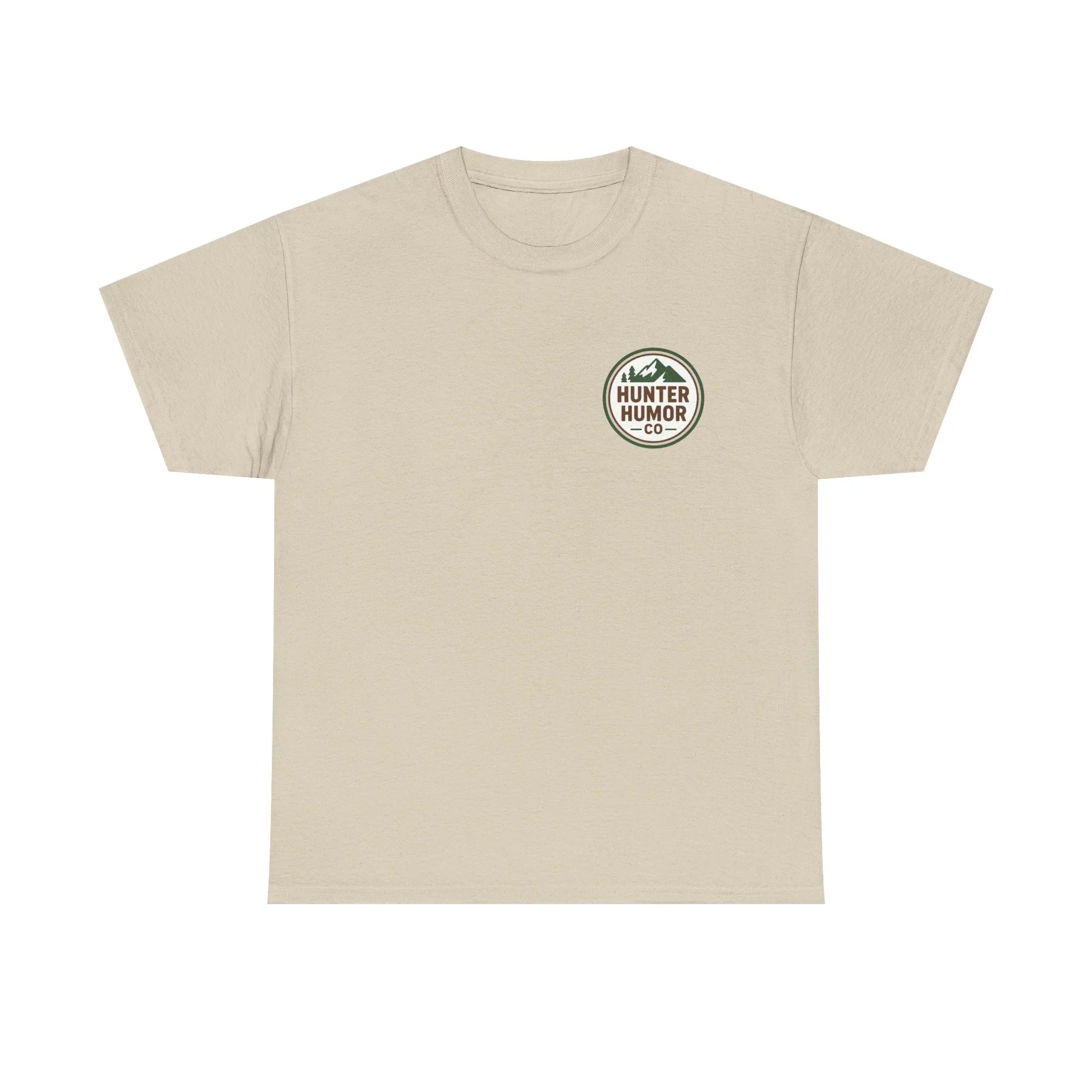 Beige unisex t-shirt with Hunter Humor Co mountain logo on left chest