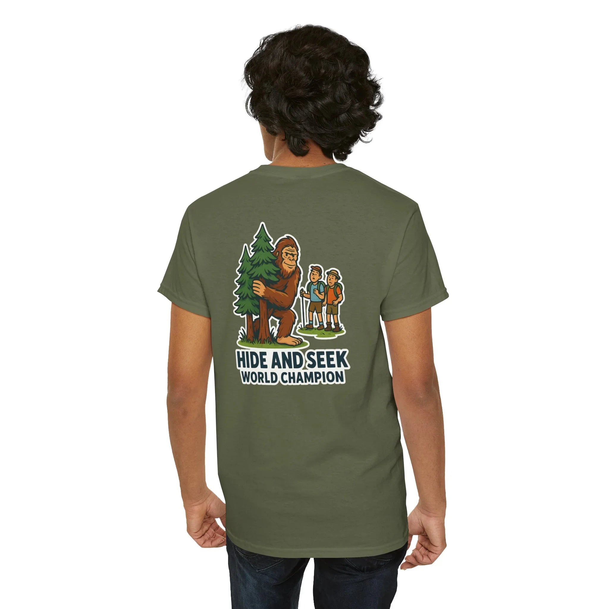 Olive green t-shirt with Bigfoot hide and seek graphic and hikers on the back