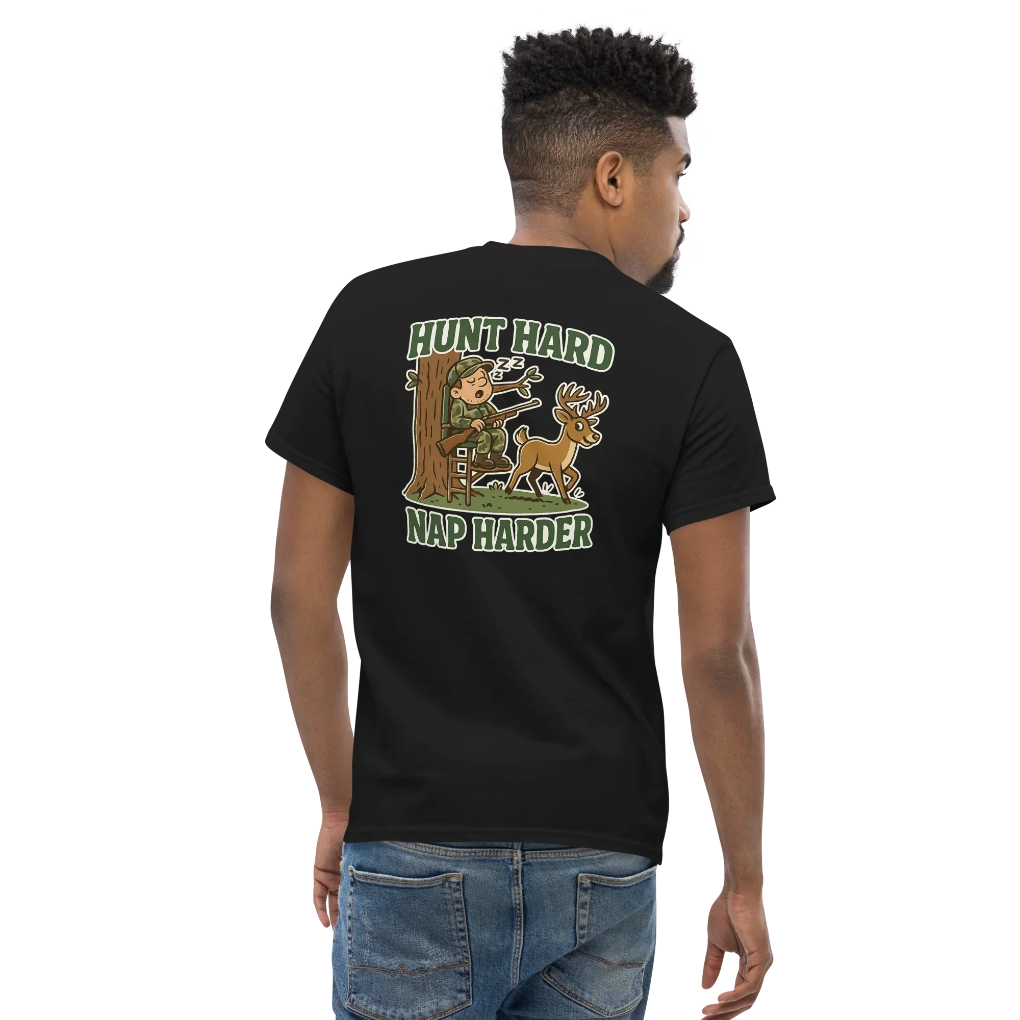 Man in black unisex classic tee with 'Hunt Hard Nap Harder' hunting graphic on back
