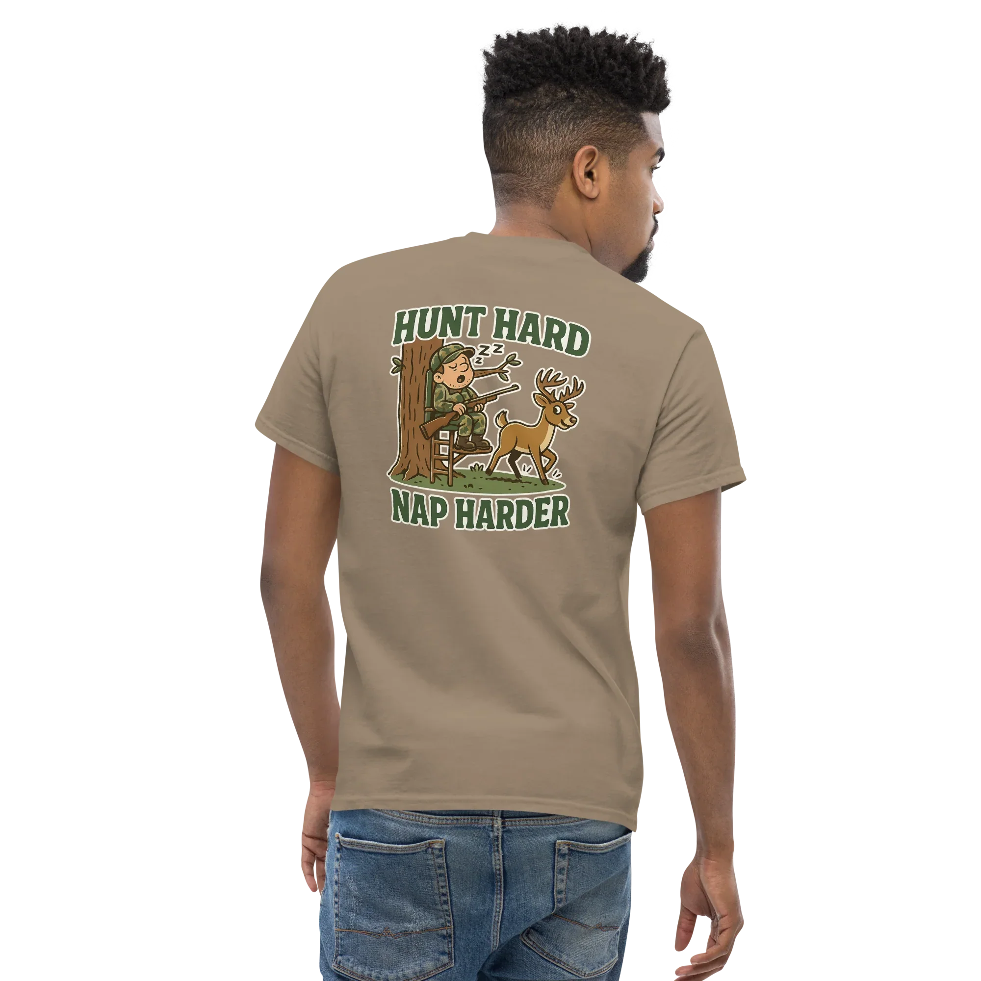 Man wearing brown unisex classic tee with cartoon hunter, deer, and 'Hunt Hard Nap Harder' text on back