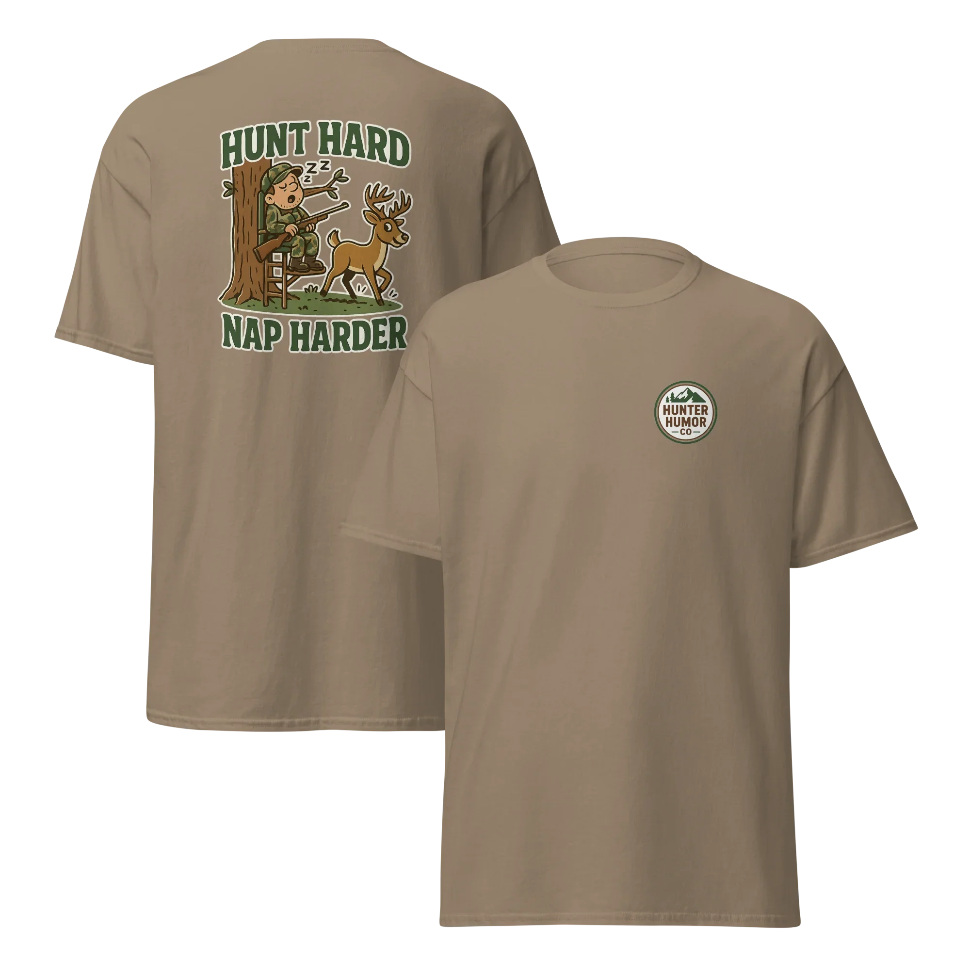 Brown unisex hunting humor t-shirt with front logo and back cartoon 'Hunt Hard Nap Harder' print