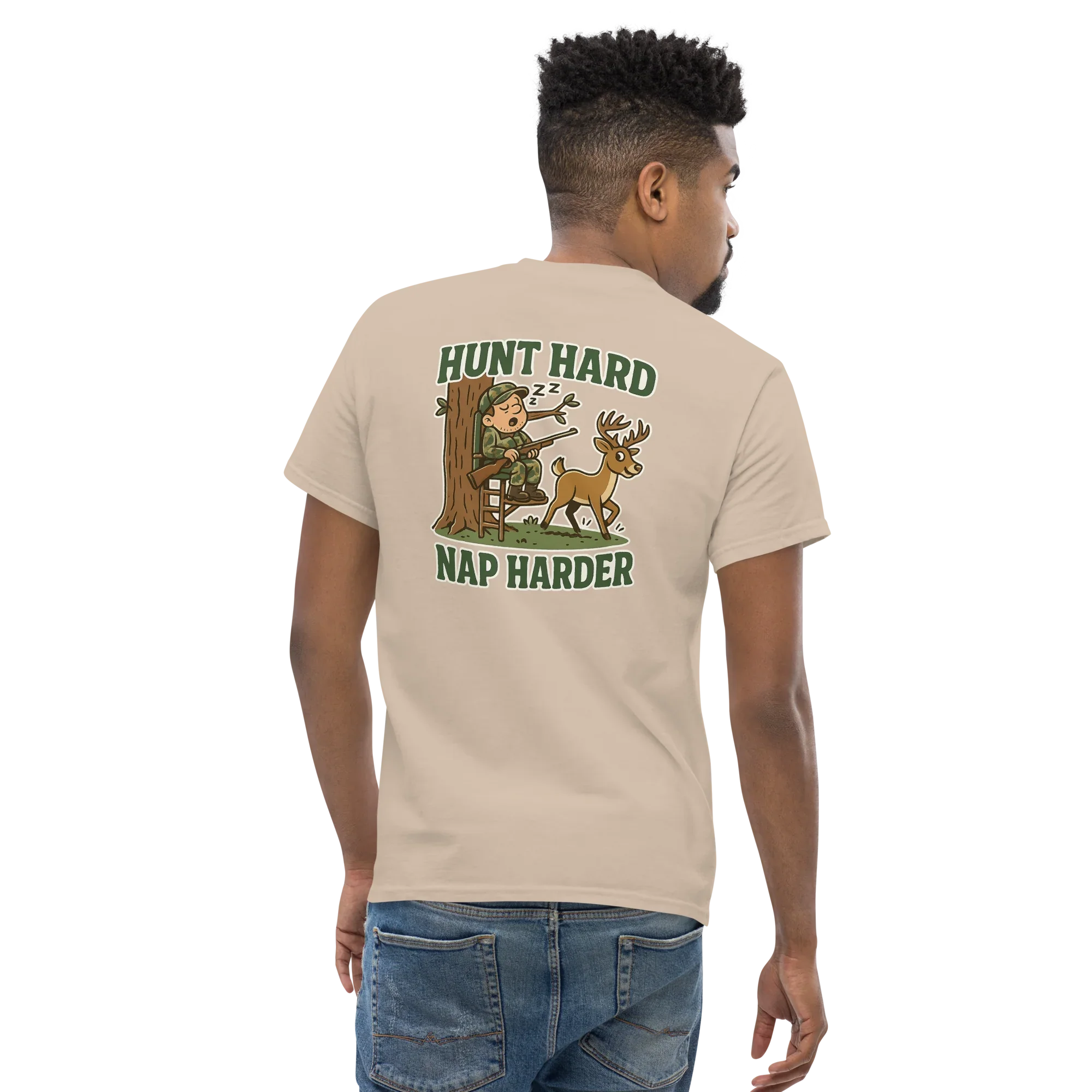 Back of sand unisex tee with cartoon hunter, deer, and text 'Hunt Hard Nap Harder'