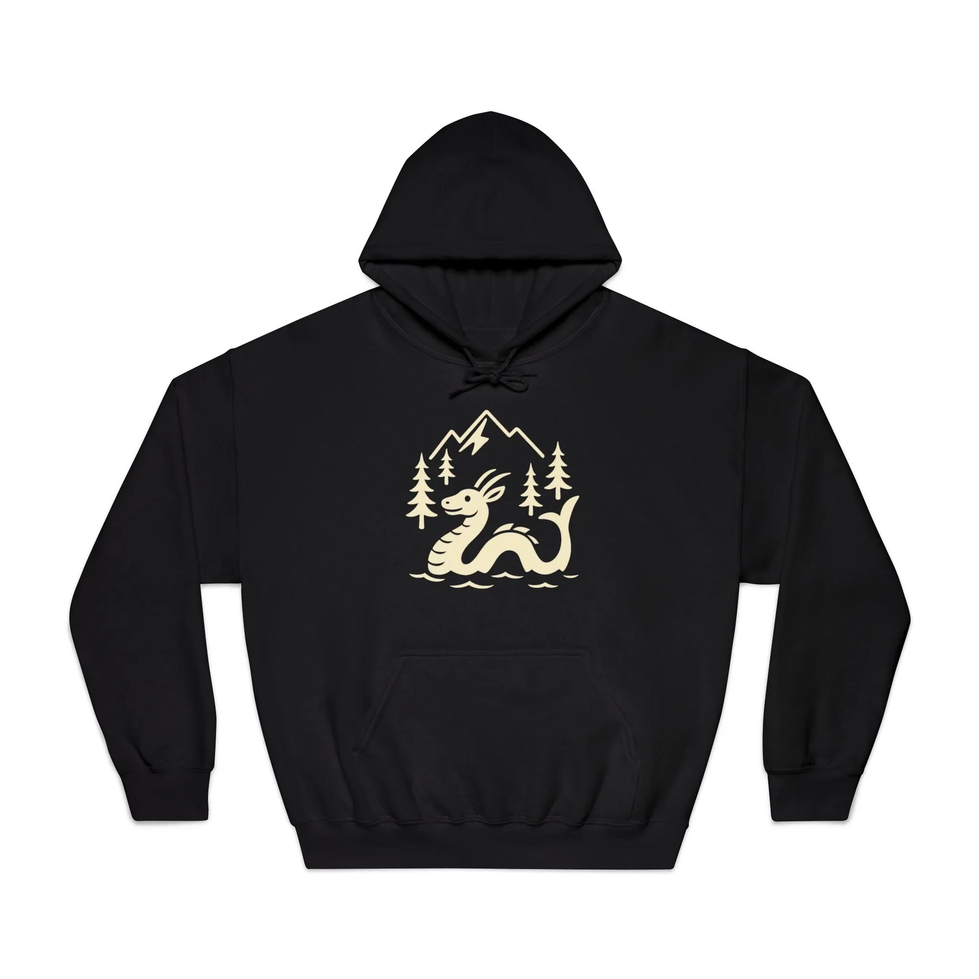 Black hoodie with cartoon lake monster, pine trees, and mountain graphic on chest
