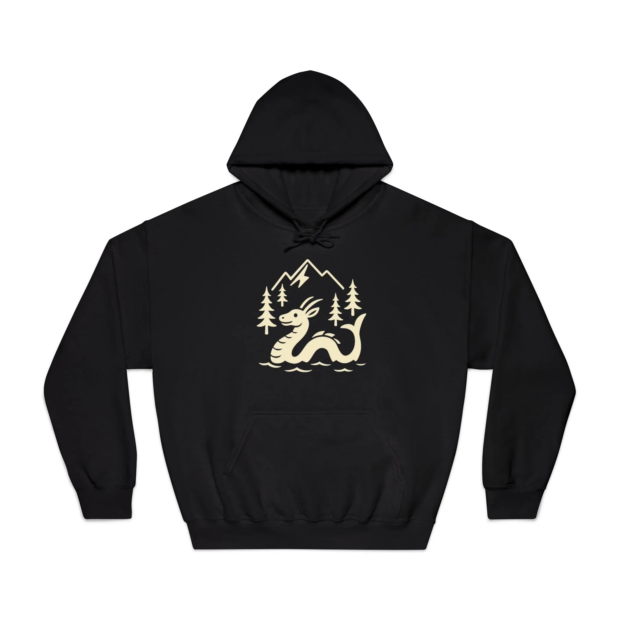 Black hoodie with cartoon lake monster, pine trees, and mountain graphic on chest