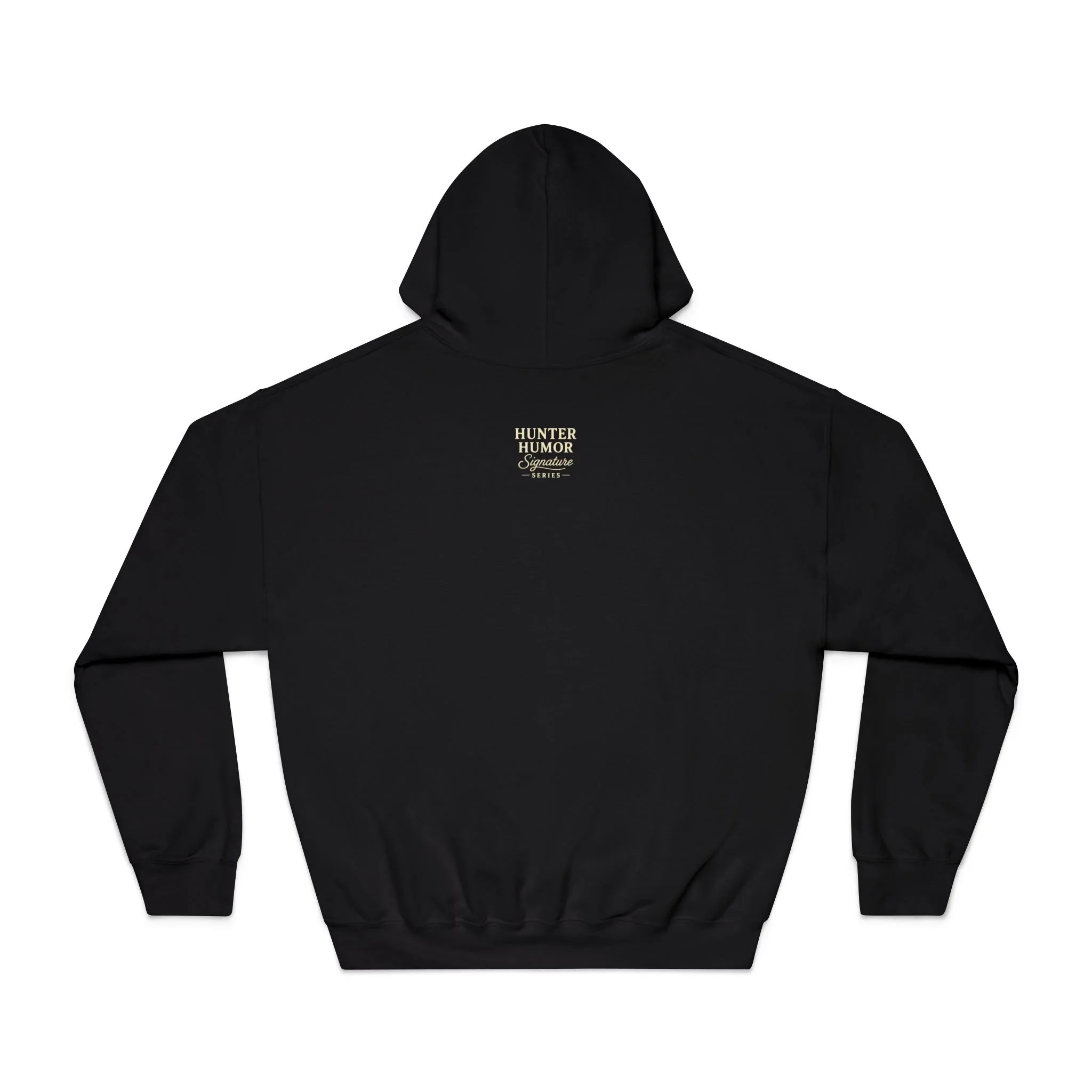 Black hoodie with 'Hunter Humor Signature Series' text on the upper back