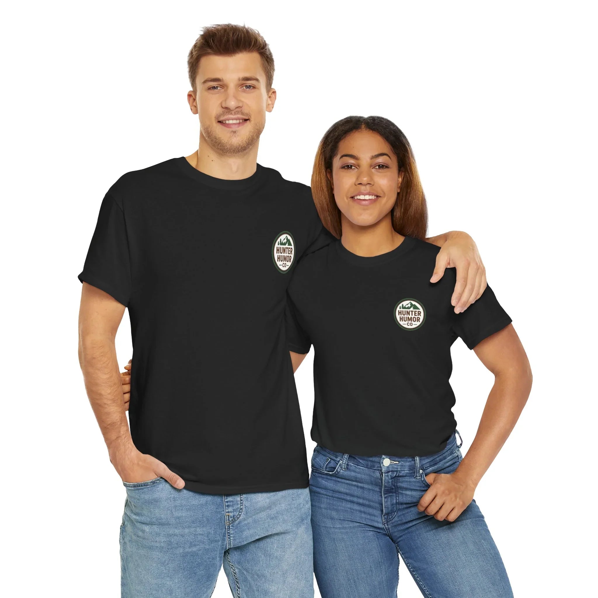 Two people in black Hunter Humor logo t-shirts and jeans, posing together