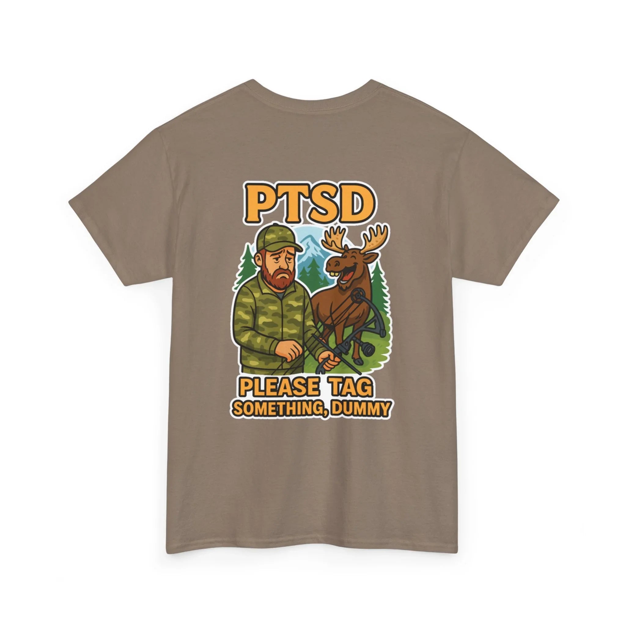 Khaki t-shirt with PTSD hunting joke graphic, hunter and deer cartoon, forest background.