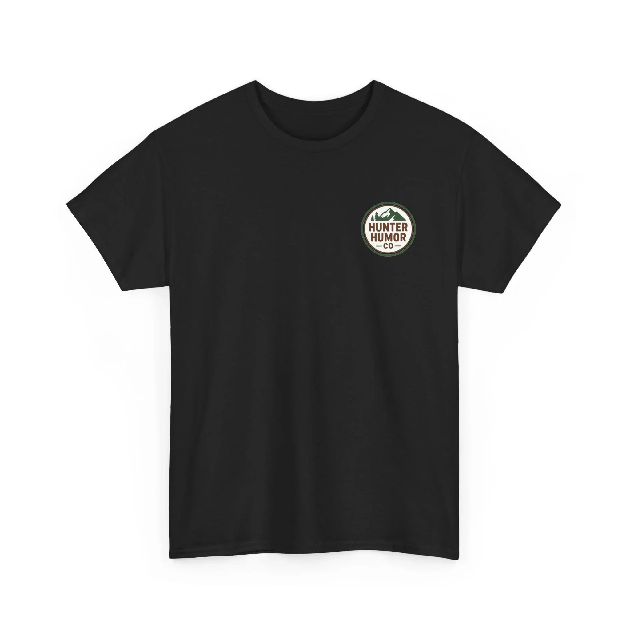 Black Hunter Humor Co. t-shirt with mountain logo on left chest
