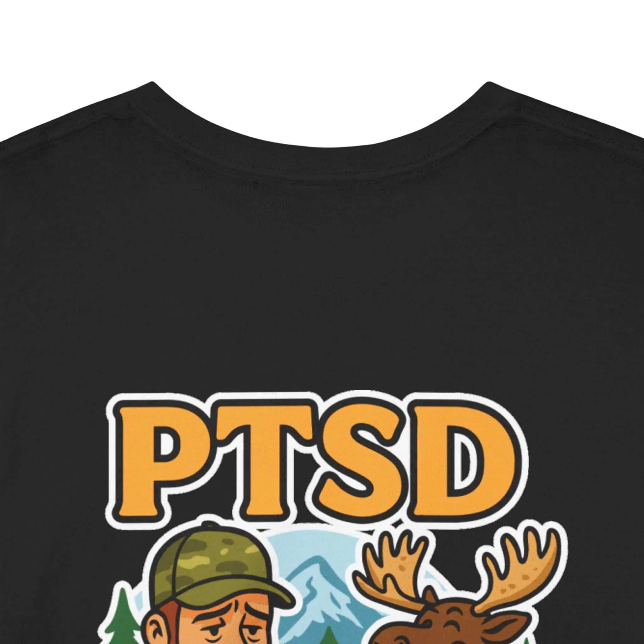 Black t-shirt showing PTSD text, cartoon sad soldier, moose, and mountain graphic
