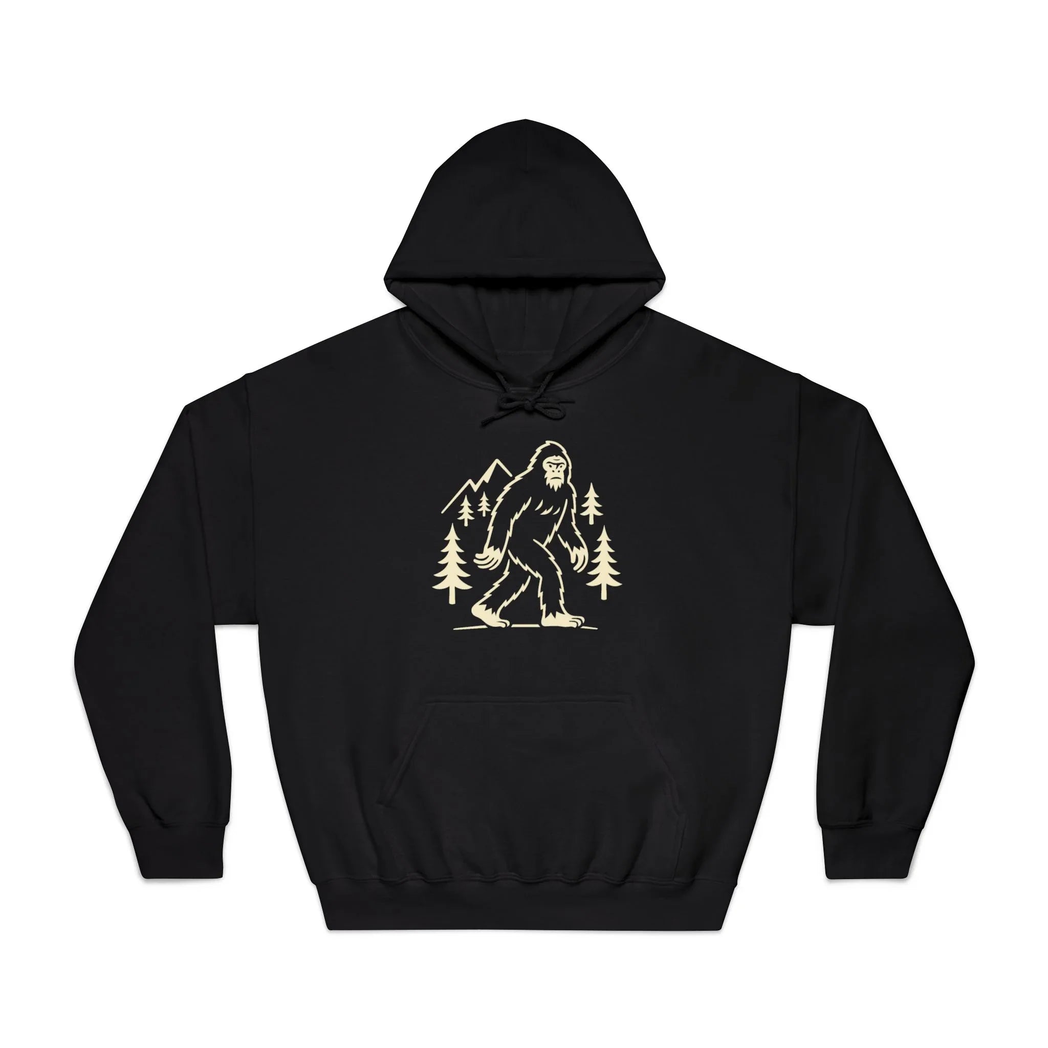 Black hoodie with Bigfoot, pine trees, and mountain graphic print