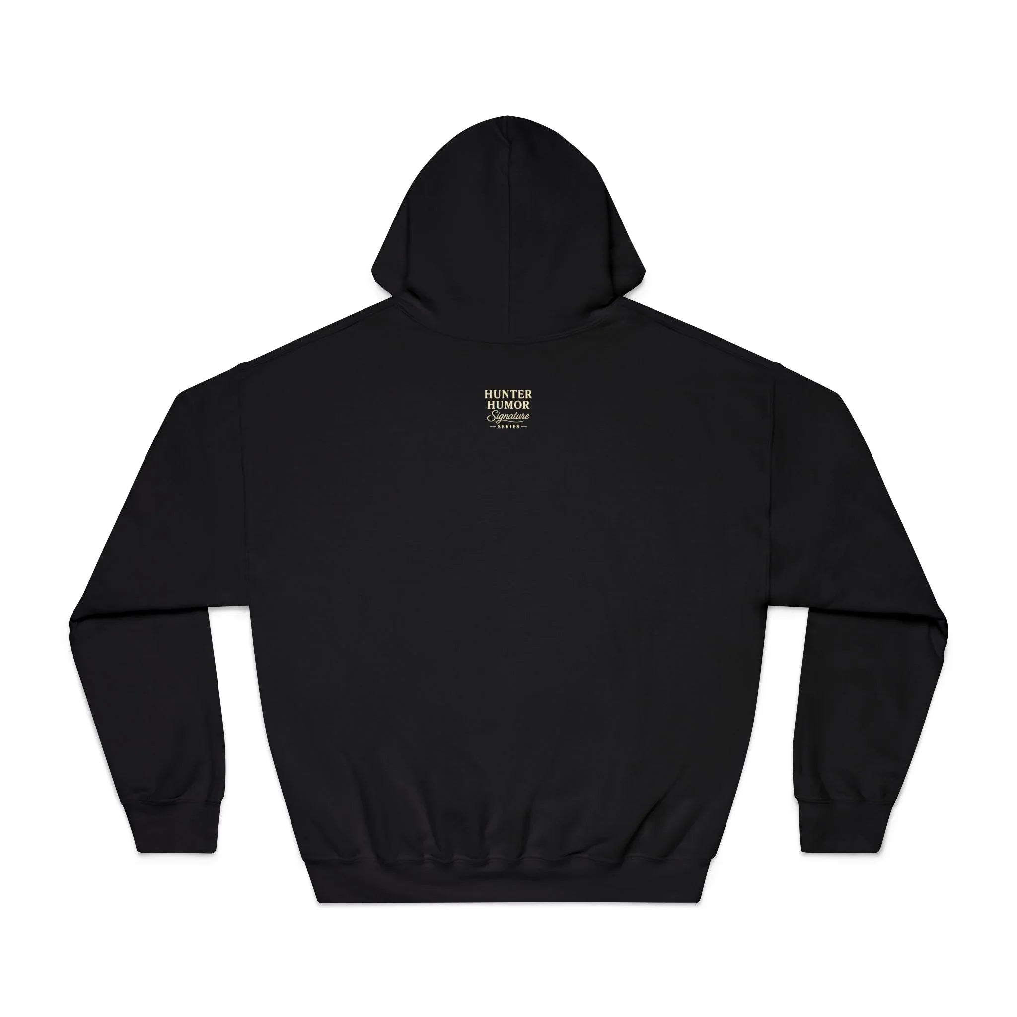 Black hoodie with small 'Hunter Humor' text on upper back, plain background