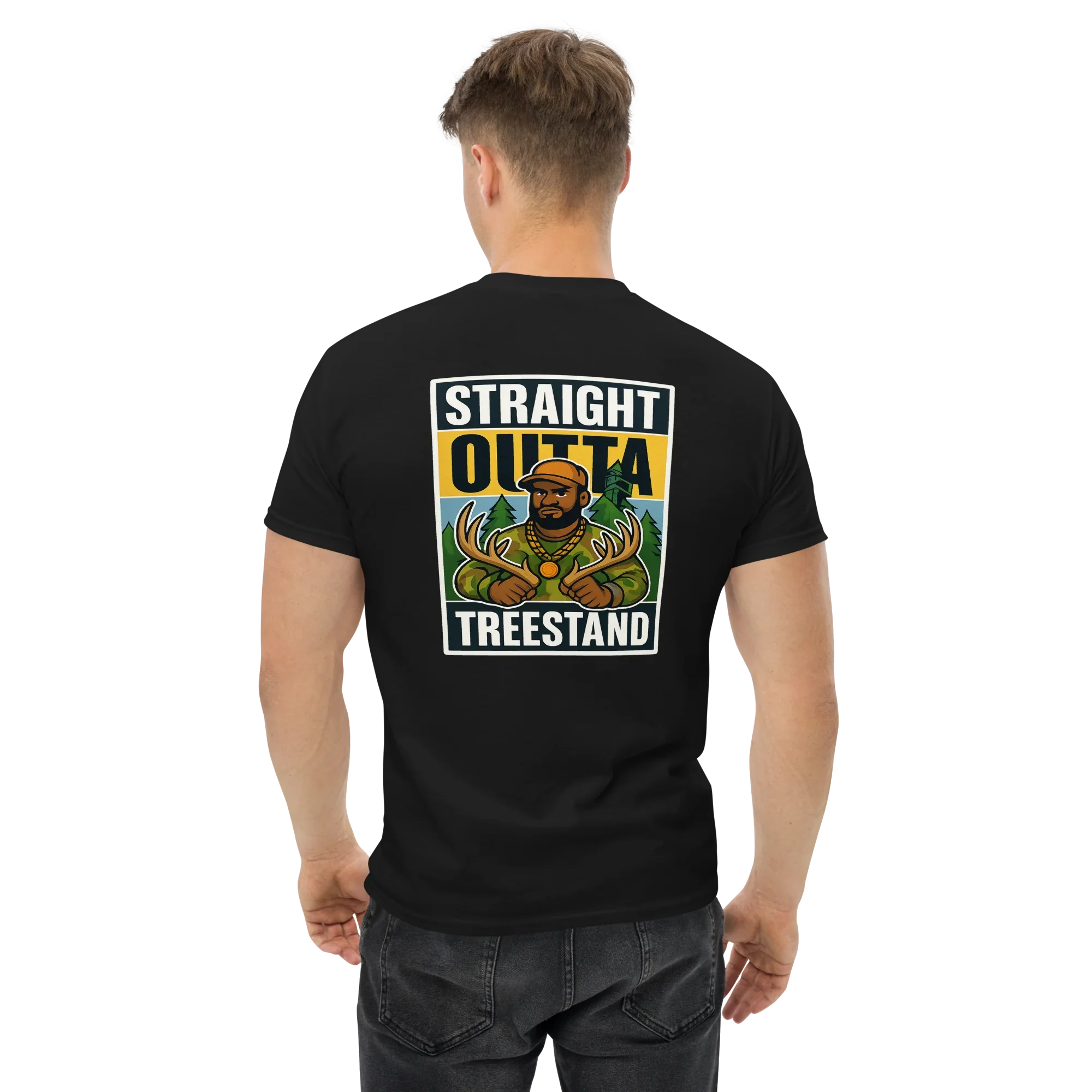 Unisex black t-shirt back with Straight Outta Treestand graphic and cartoon hunter design