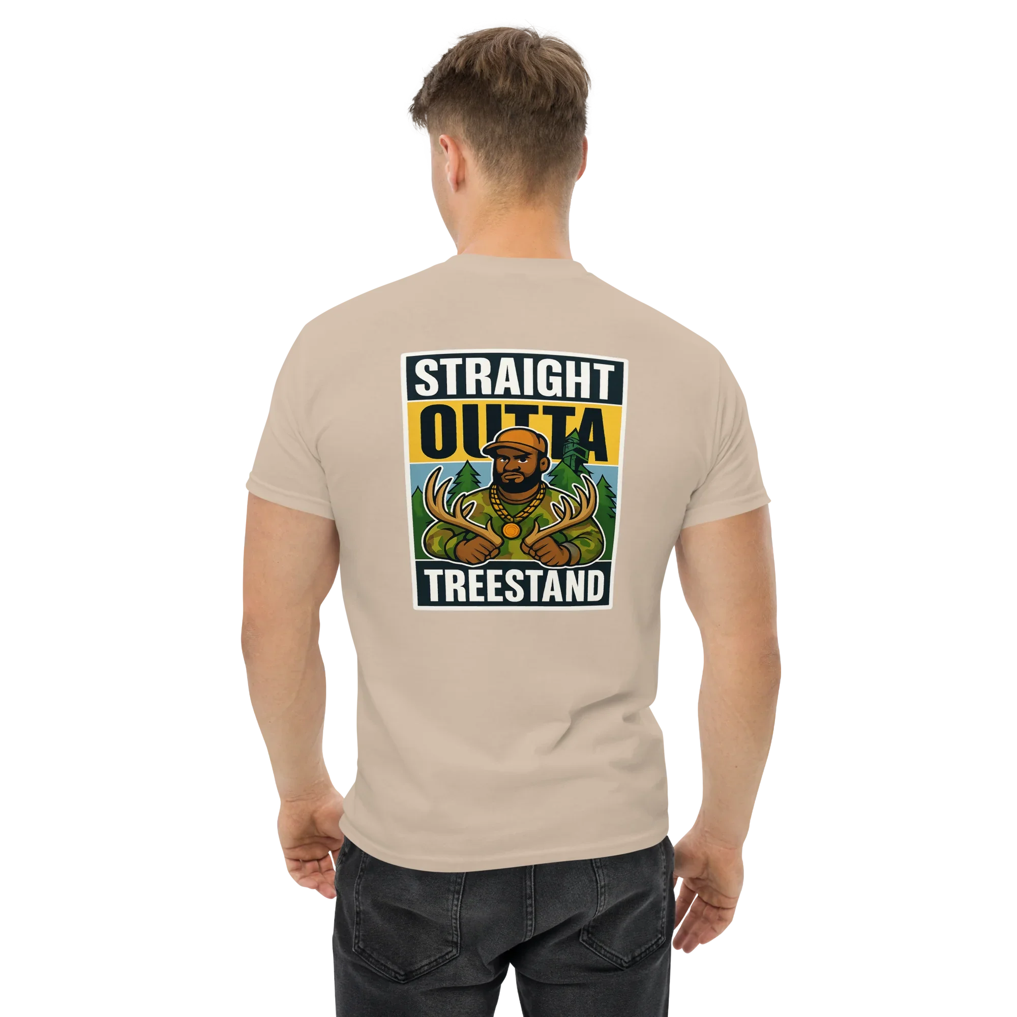 Unisex sand t-shirt back with Straight Outta Treestand graphic and hunter cartoon design