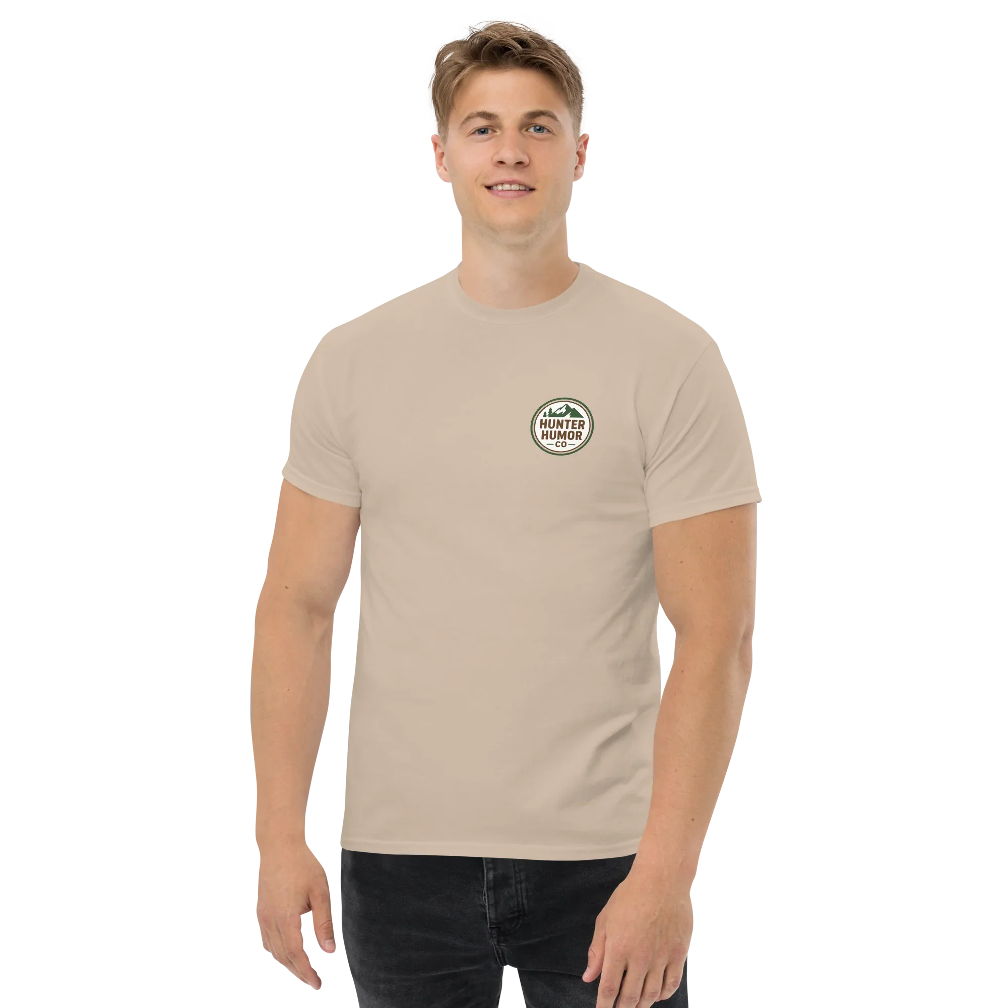 Unisex sand classic tee with Hunter Humor Co. logo, front view on male model