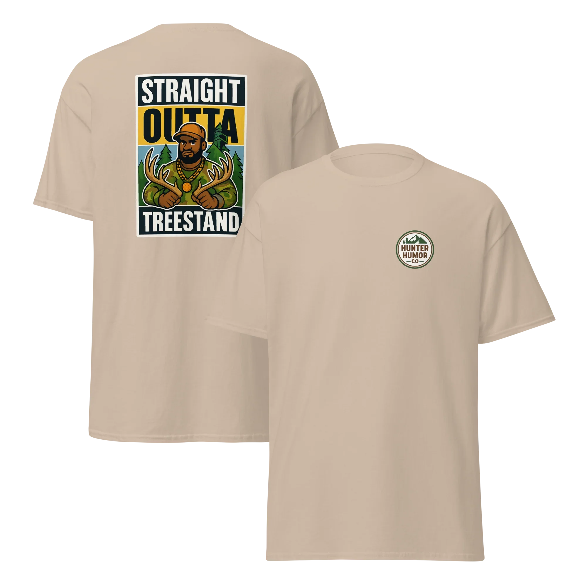 Sand unisex graphic tee with 'Straight Outta Treestand' print and Hunter Humor logo