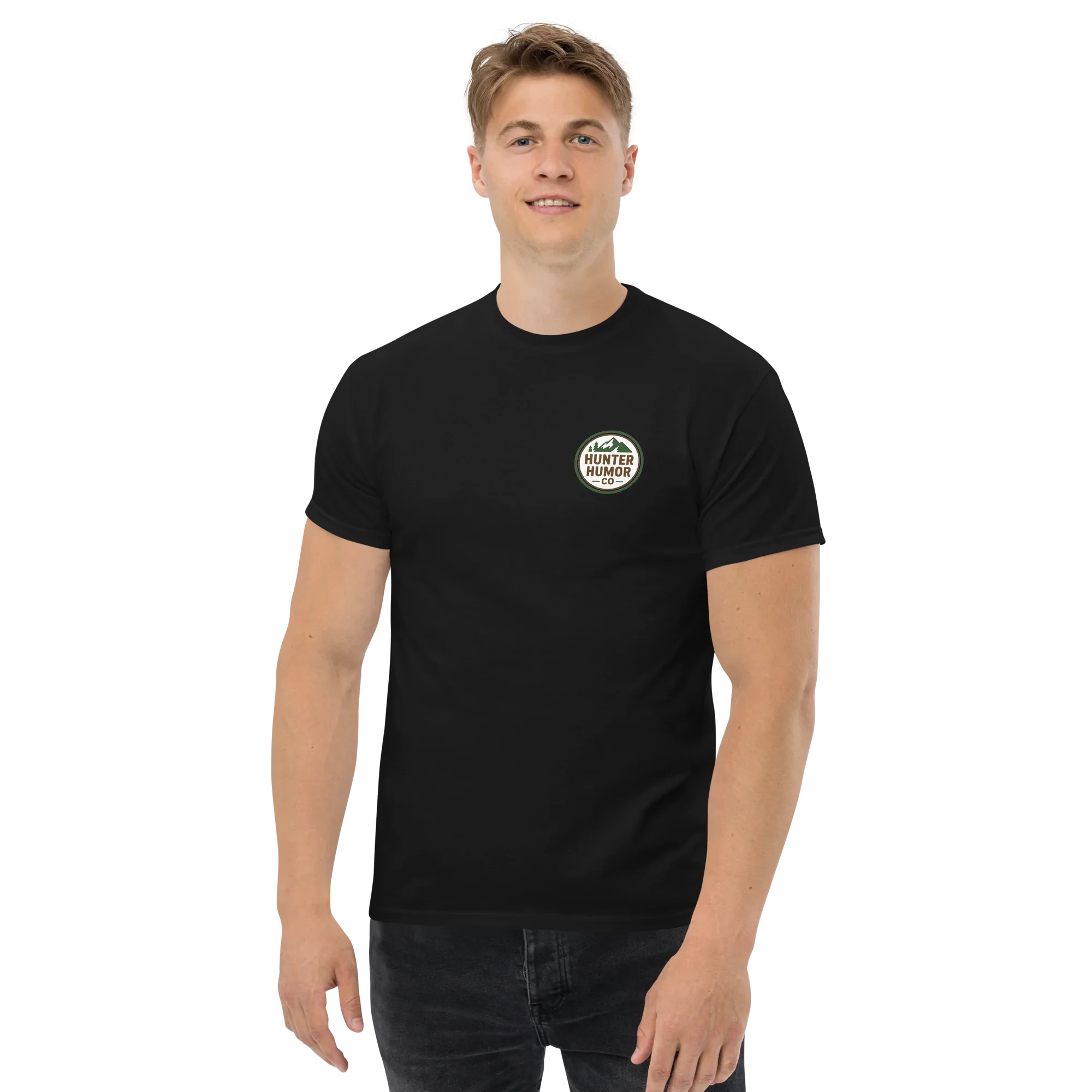 Man wearing black unisex Hunter Humor Co. classic tee with chest logo