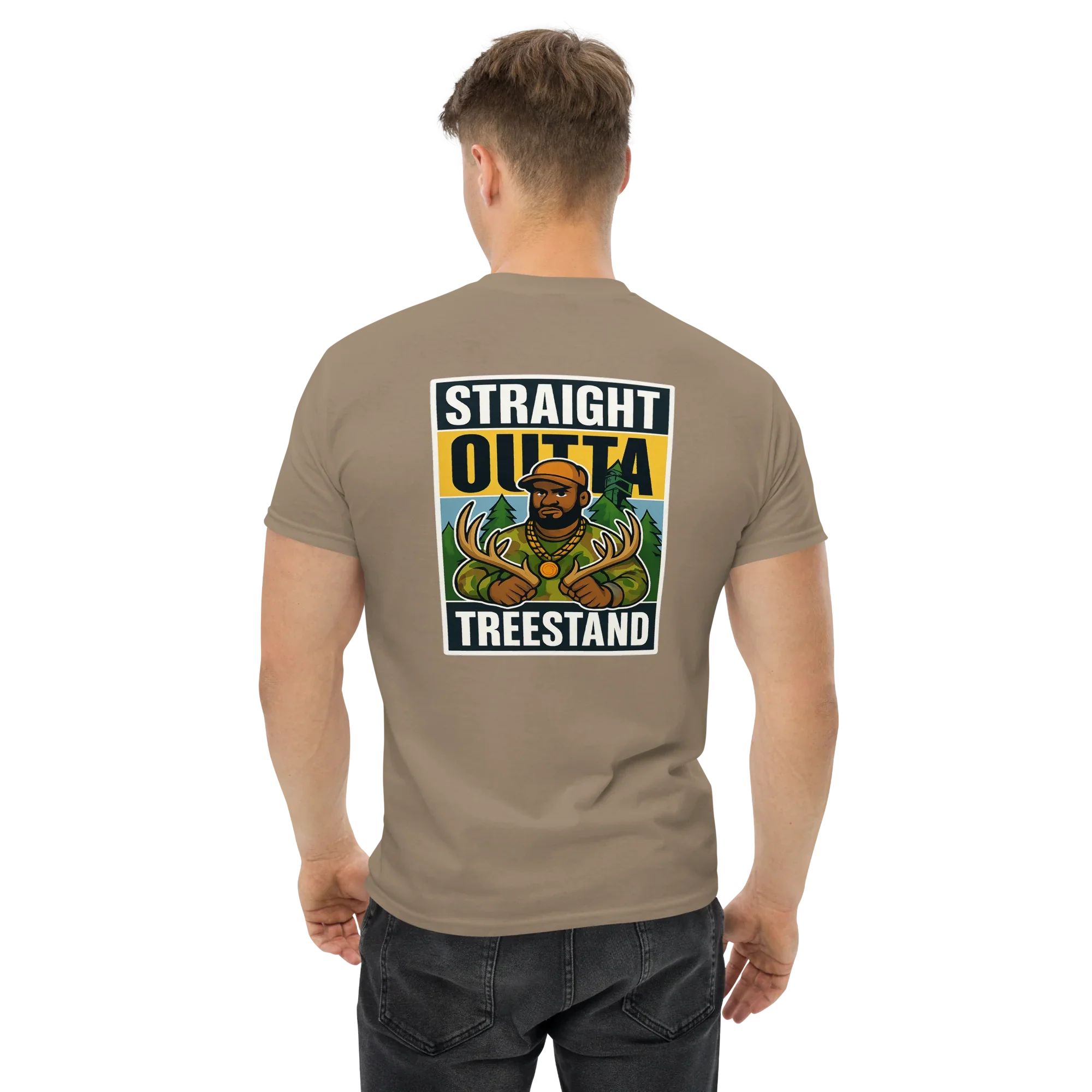 Man wearing brown unisex t-shirt with 'Straight Outta Treestand' graphic on the back