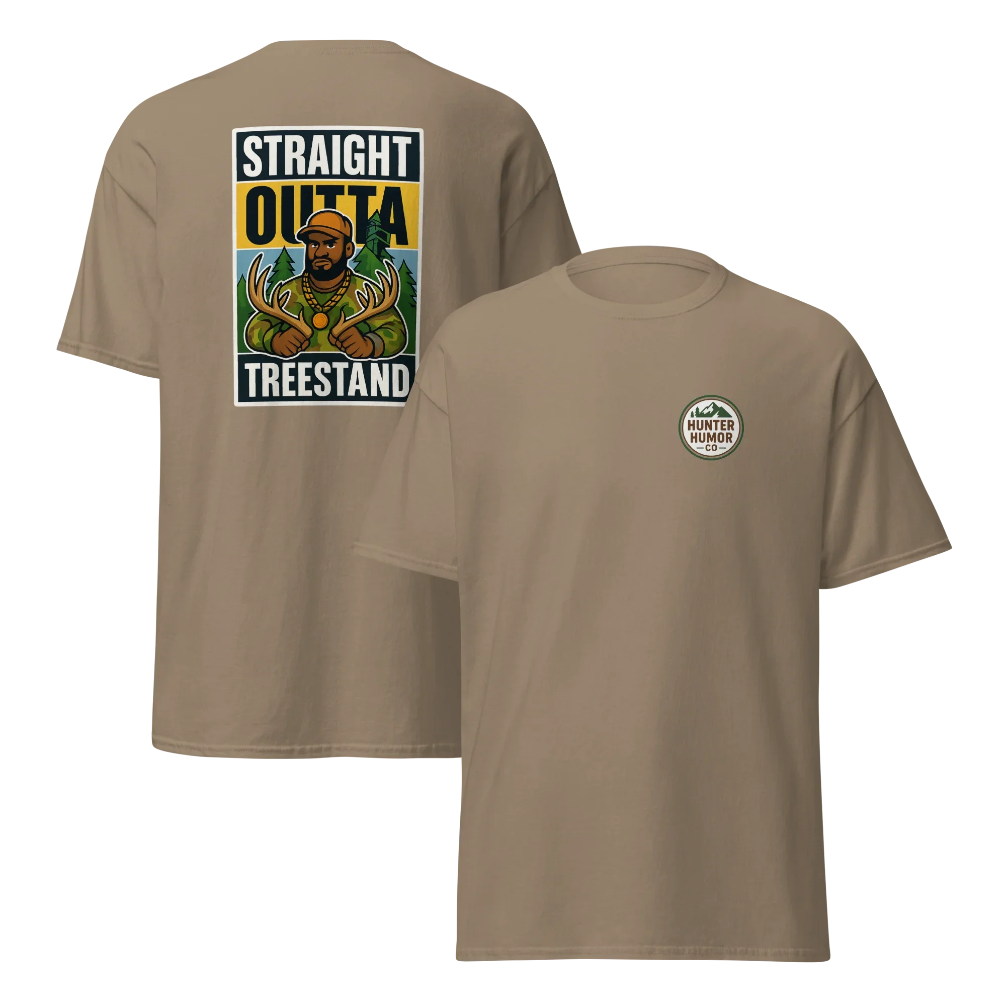 Brown unisex classic tee with 'Straight Outta Treestand' hunter cartoon and Hunter Humor logo