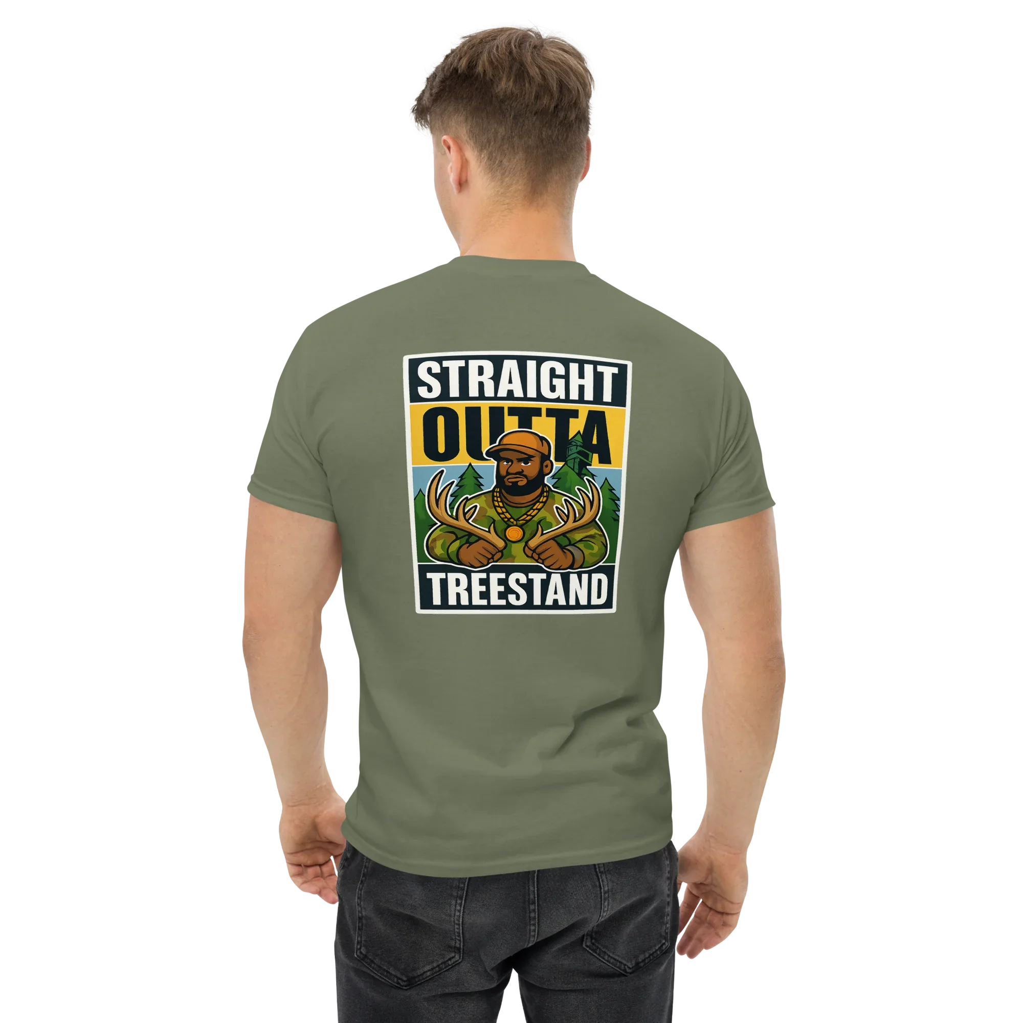 Military green unisex graphic tee with 'Straight Outta Treestand' and hunter illustration on back