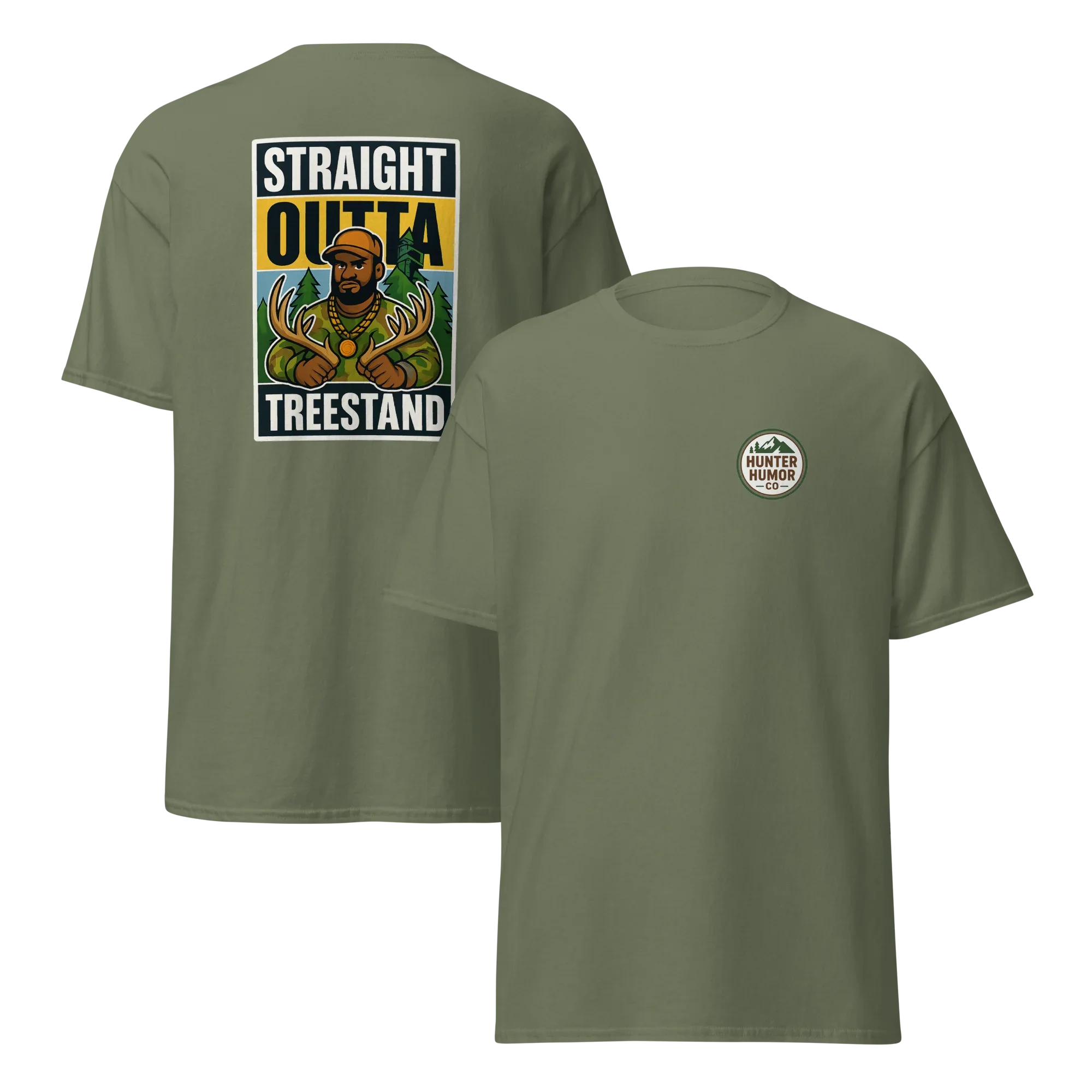 Unisex military green tee featuring 'Straight Outta Treestand' hunting graphic and logo.