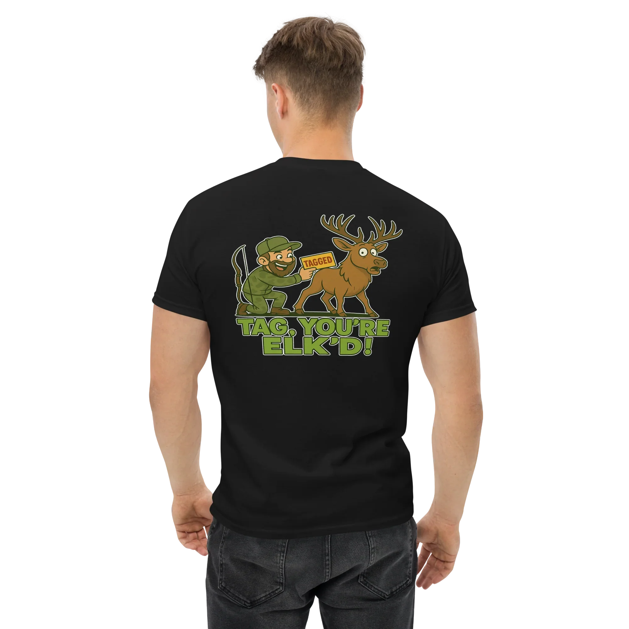Man wearing black graphic t-shirt with cartoon hunter, elk, and text 'Tag, you're elk'd!'