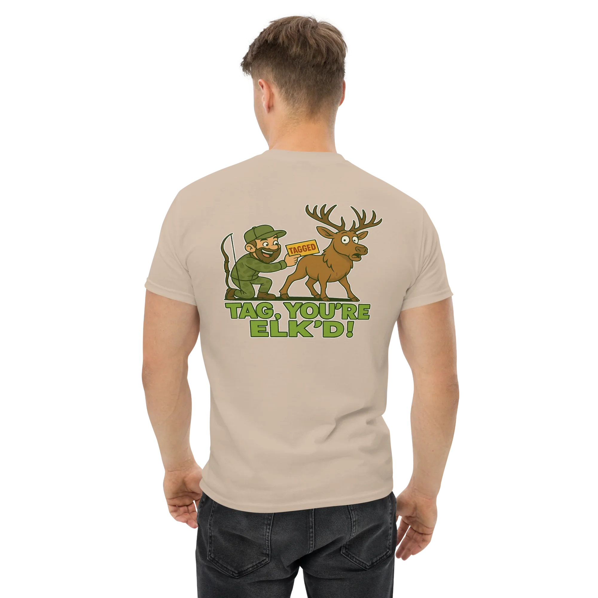 Man wearing sand-colored tee with cartoon hunter tagging elk and text 'Tag, You're ELK'D!'