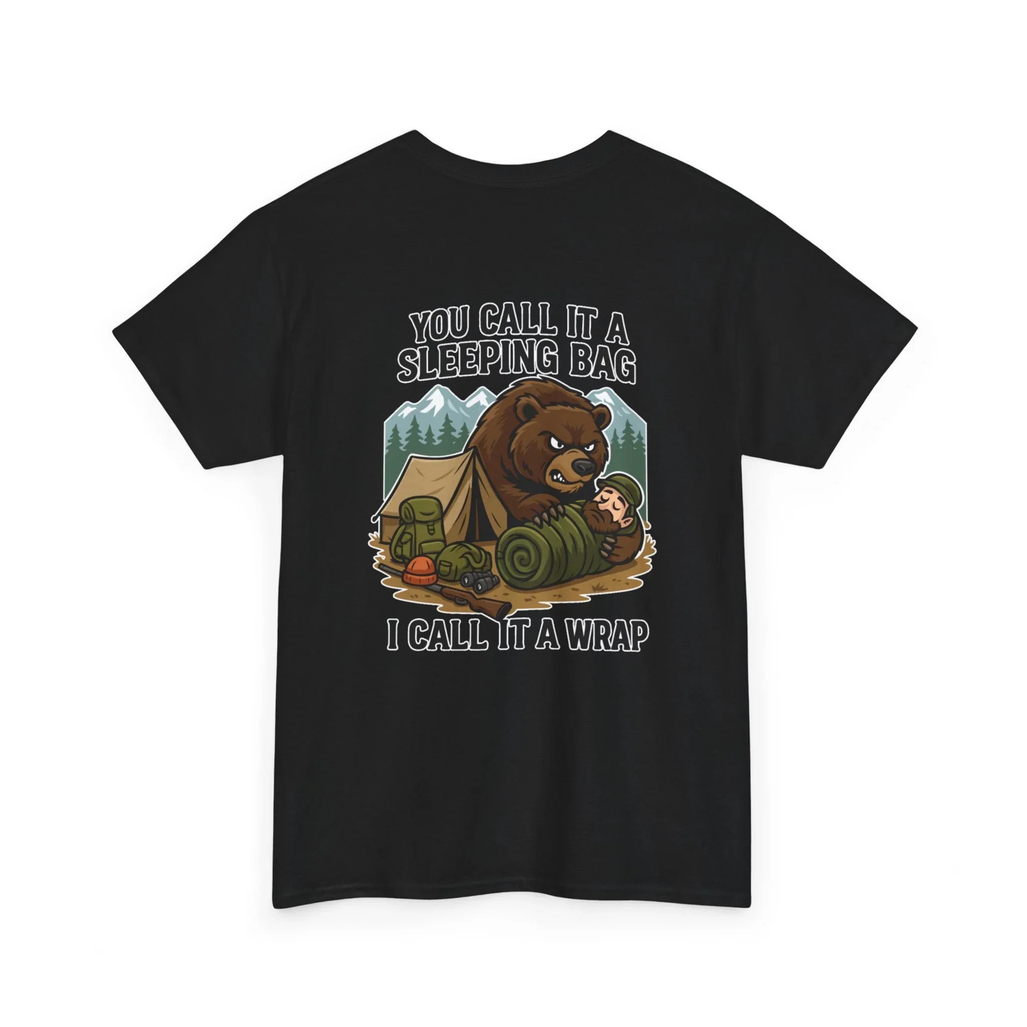 Black camping t-shirt with cartoon bear, camper in sleeping bag, mountains, and funny quote