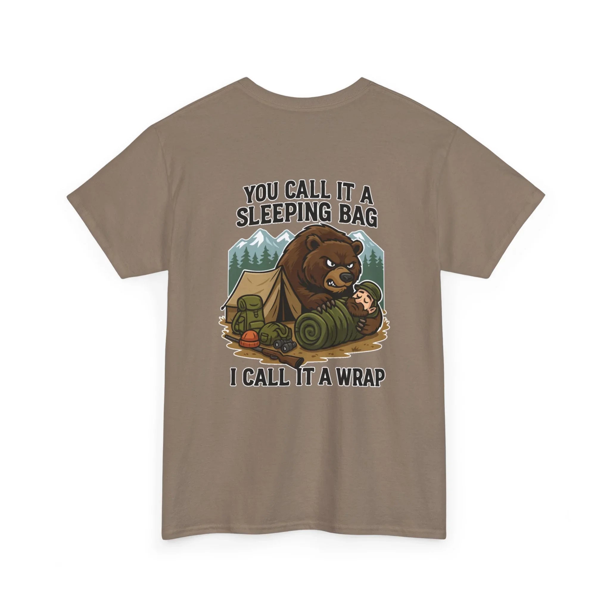 Funny camping t-shirt with cartoon bear unrolling sleeping bag and camper near tent and mountains