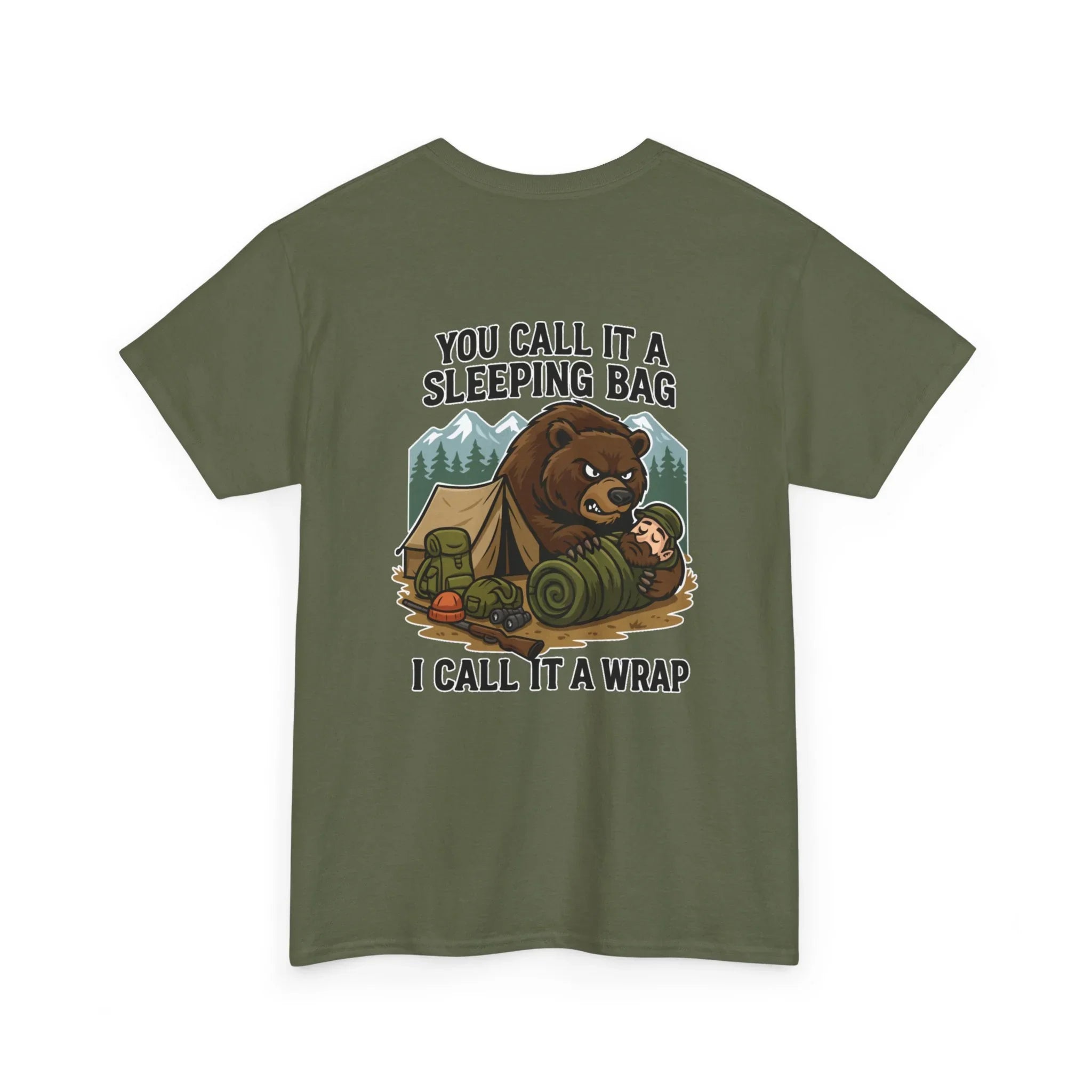 Funny camping t-shirt with cartoon bear, camper in sleeping bag, tent, and forest background