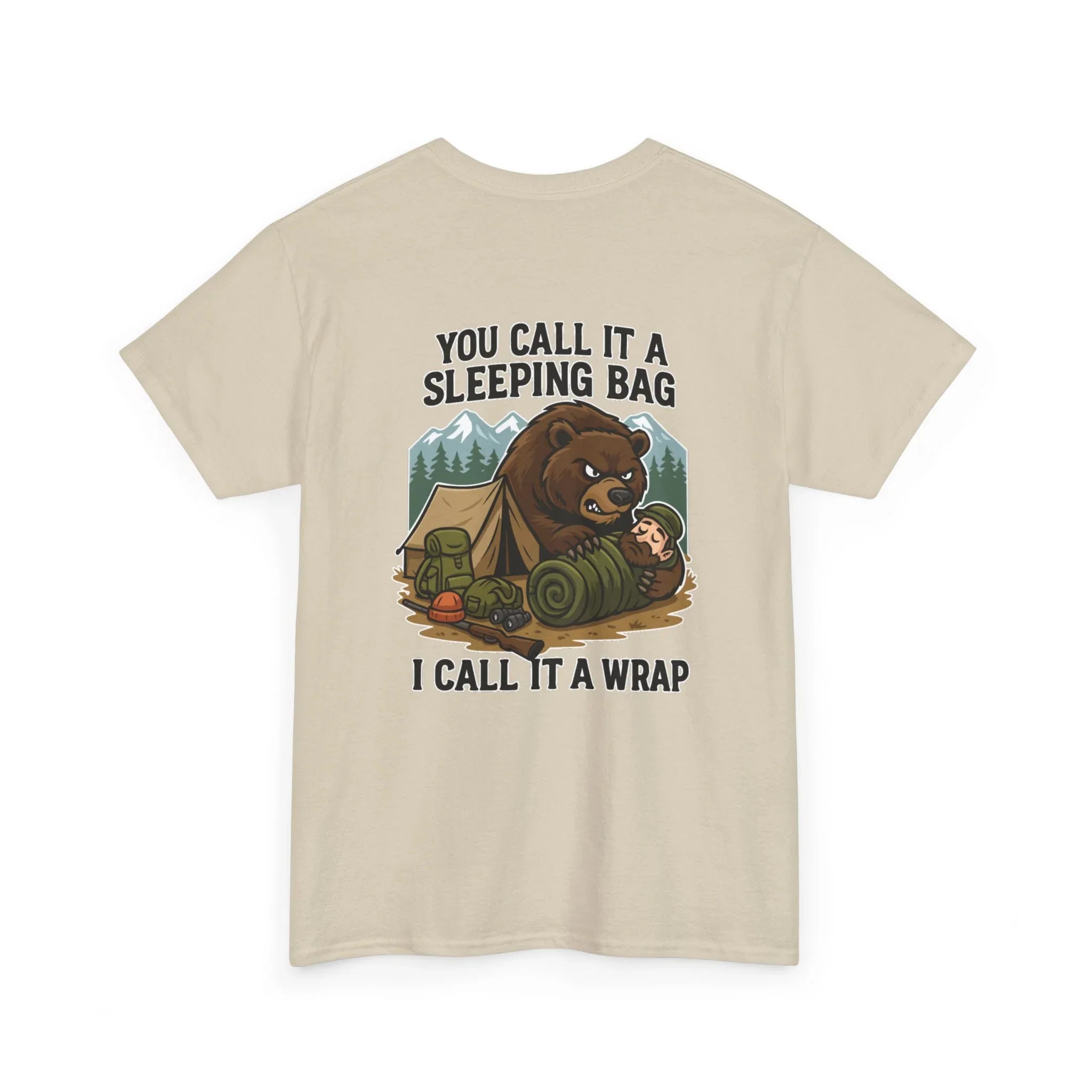 Camping t-shirt with cartoon bear, tent, hiker in sleeping bag, and 'You call it a sleeping bag, I call it a wrap' text.