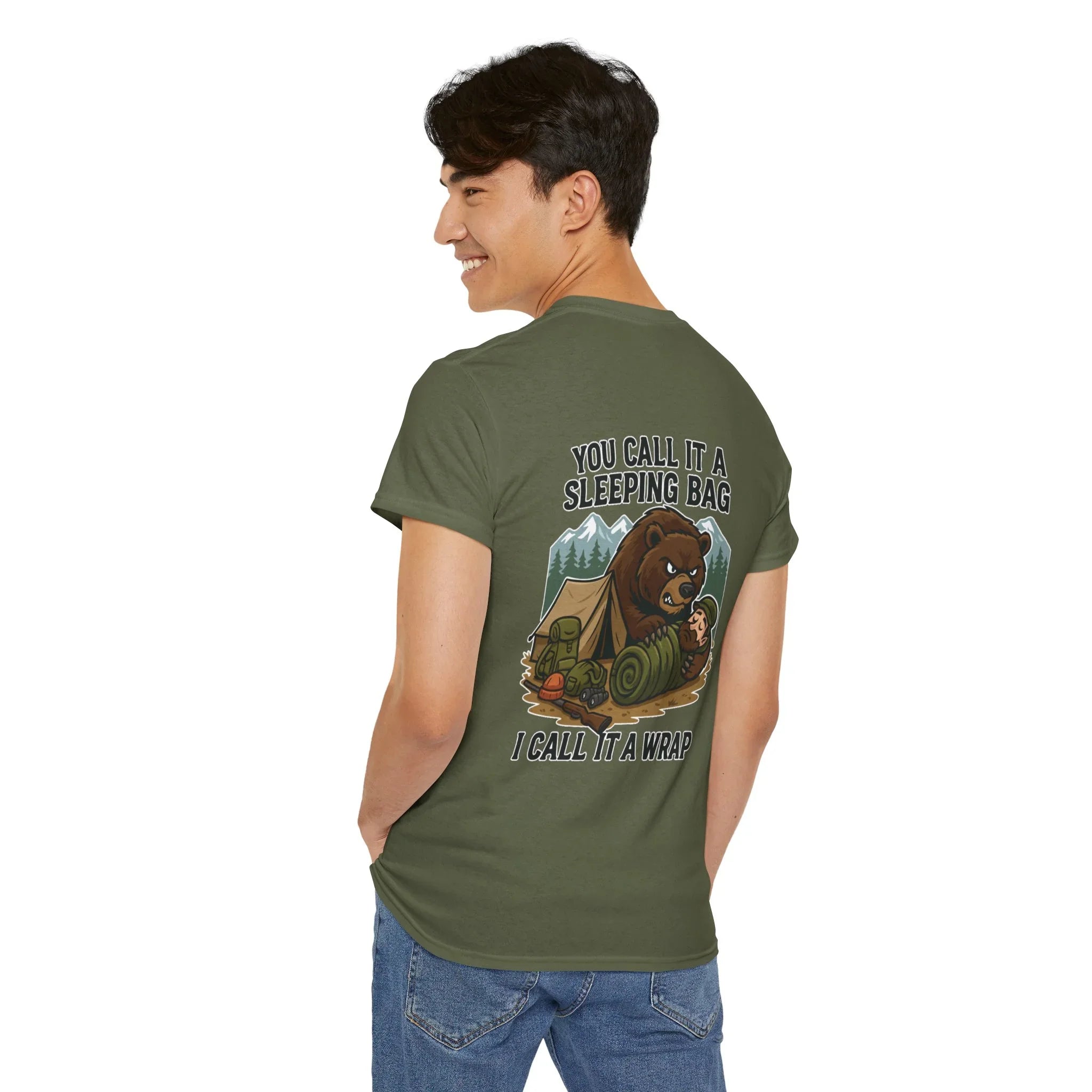 Man in green t-shirt with bear camping graphic and funny sleeping bag quote on the back