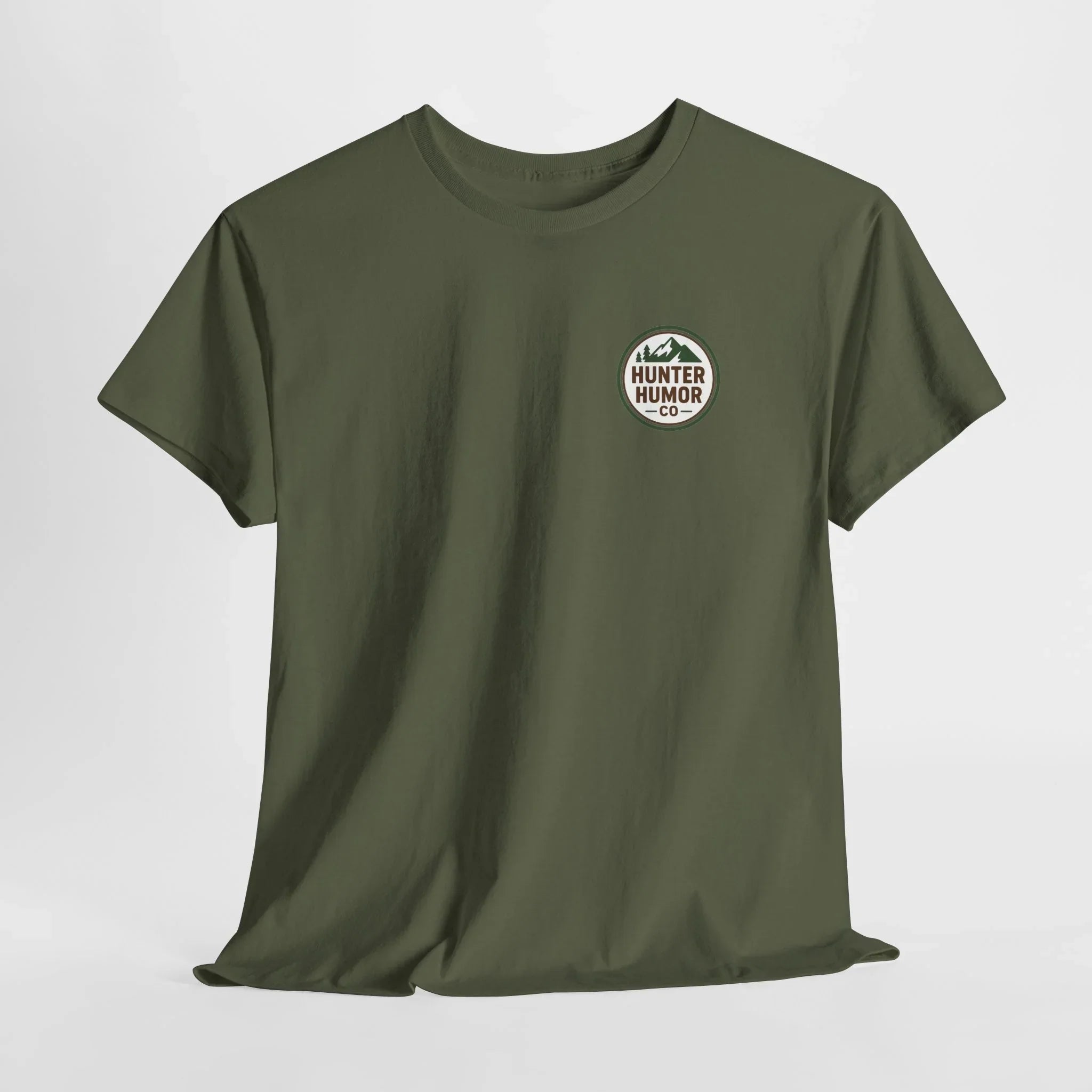 Olive green t-shirt with Hunter Humor Co. mountain logo on chest