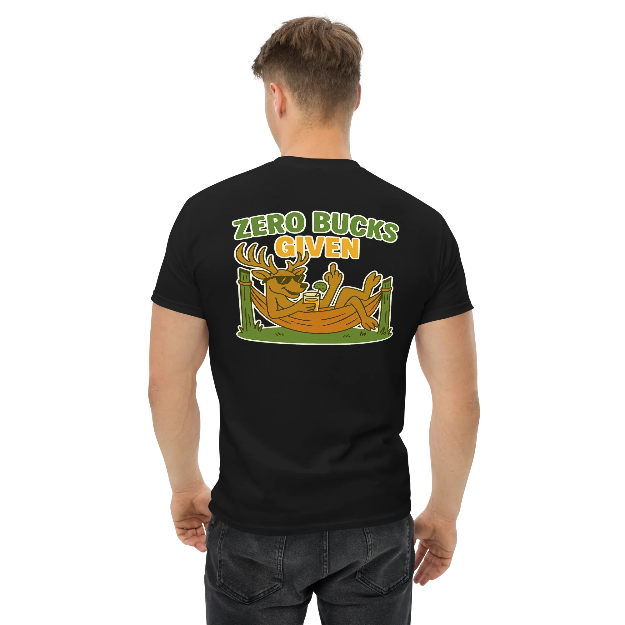 Man wearing black unisex tee with cartoon buck in hammock and 'Zero Bucks Given' text on back