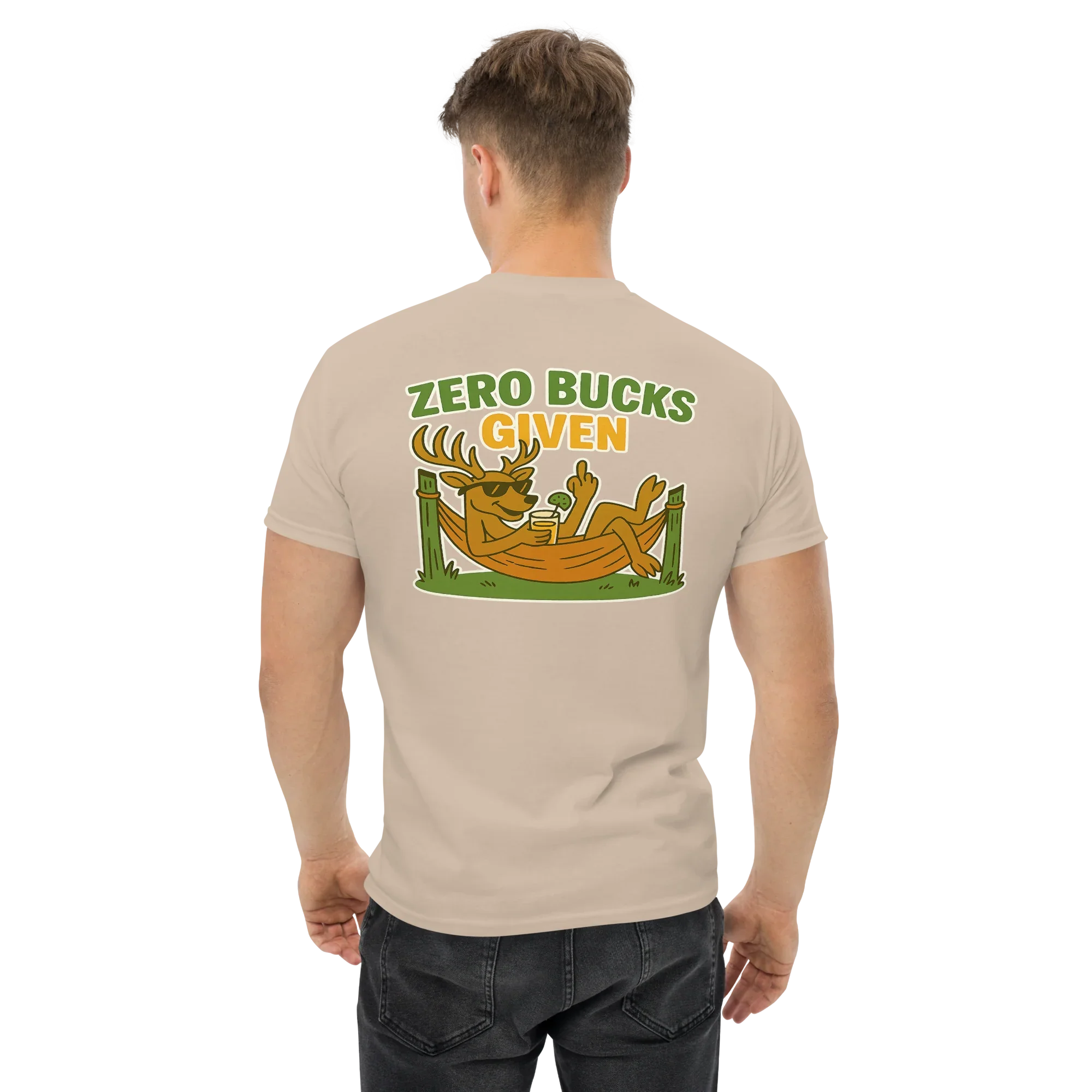 Unisex sand T-shirt back with cartoon deer in hammock and 'Zero Bucks Given' text
