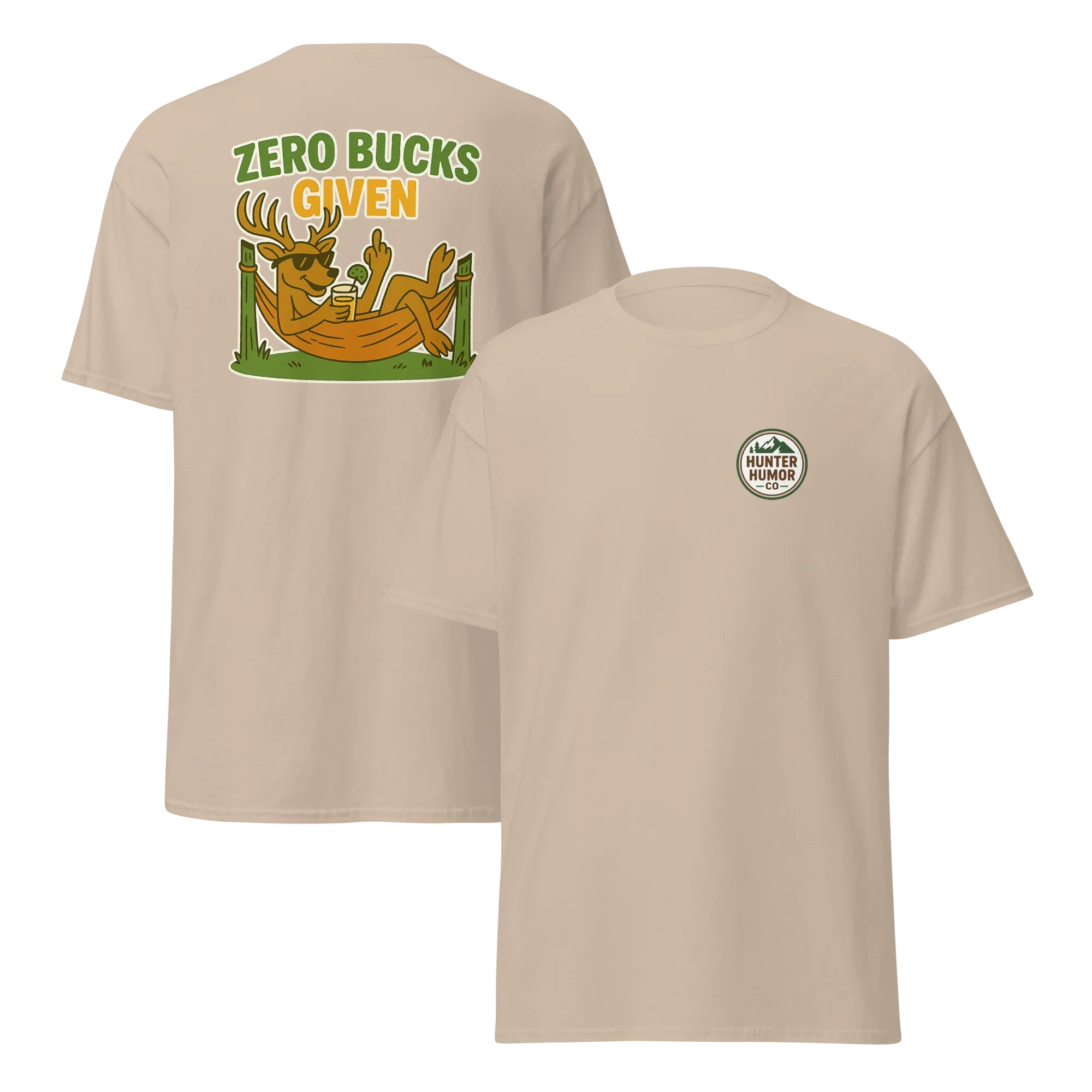 Sand unisex classic t-shirt with cartoon deer, 'Zero Bucks Given' text, and Hunter Humor logo