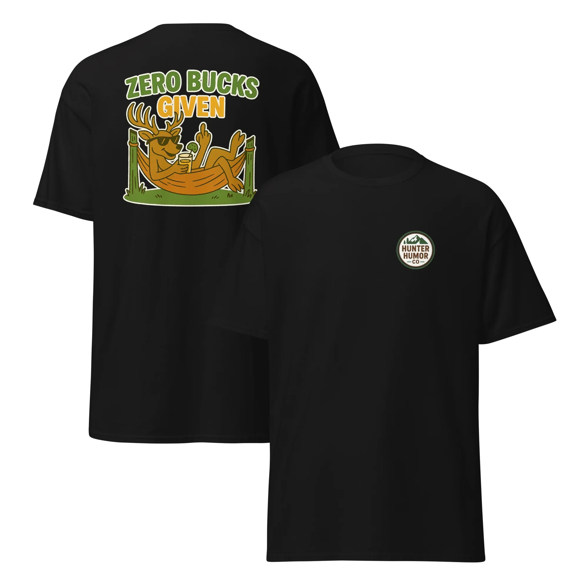 Black unisex t-shirt with cartoon buck and 'Zero Bucks Given' graphic, Hunter Humor logo.