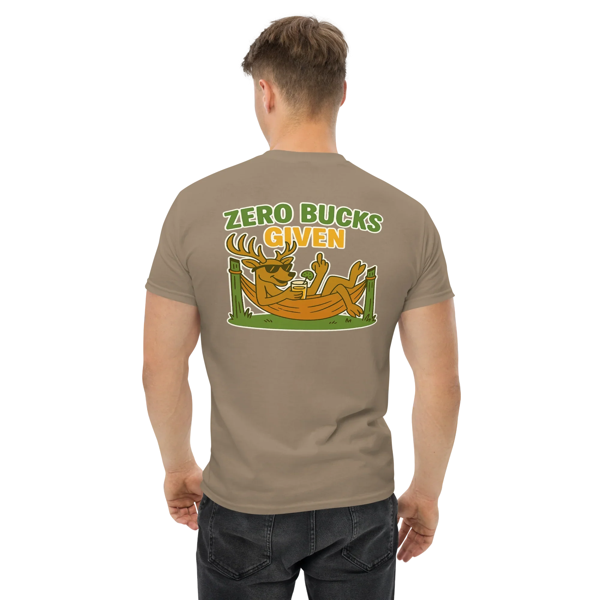 Man wearing brown unisex classic tee with cartoon deer and 'Zero Bucks Given' graphic on back