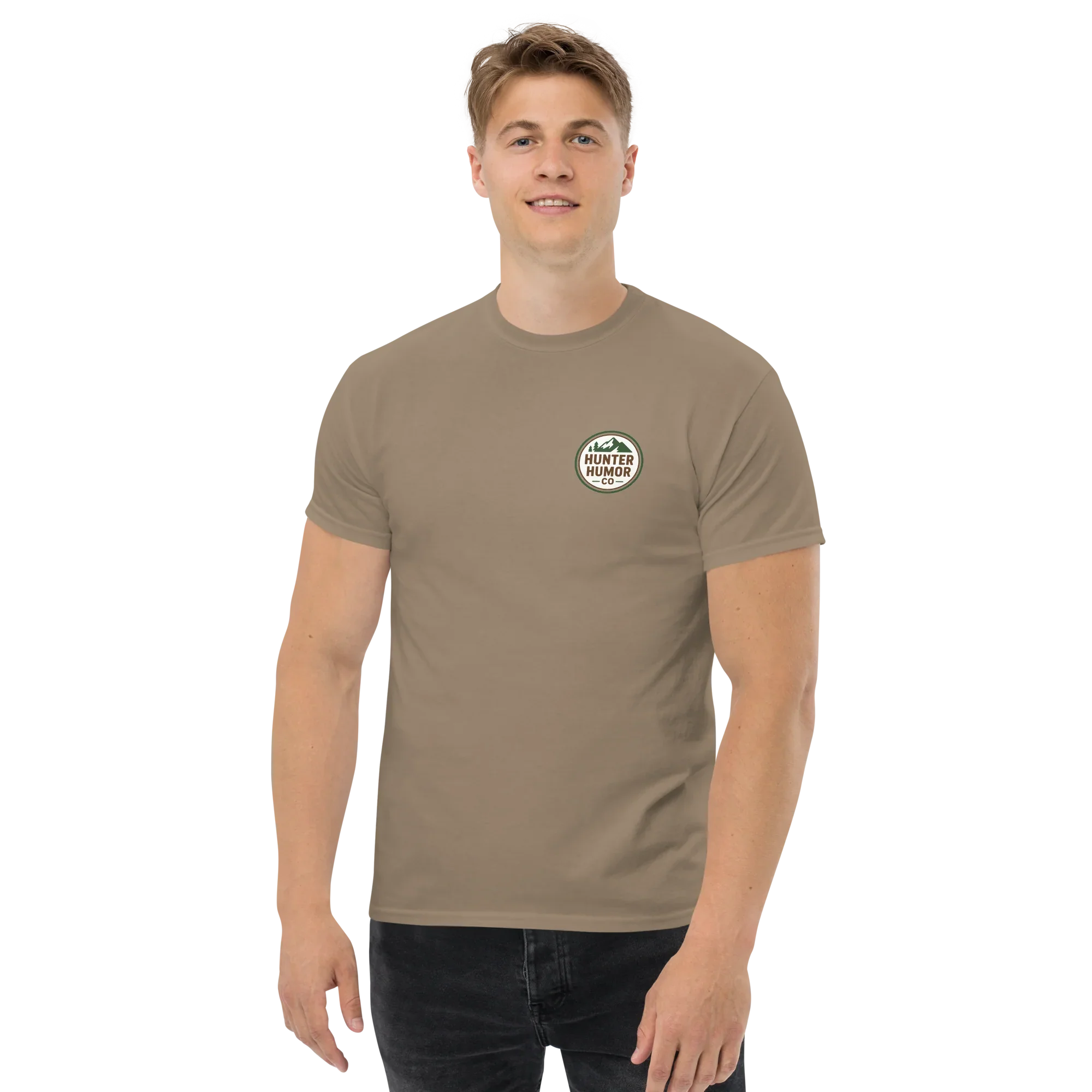 Man wearing brown unisex classic tee with Hunter Humor Co. logo on front