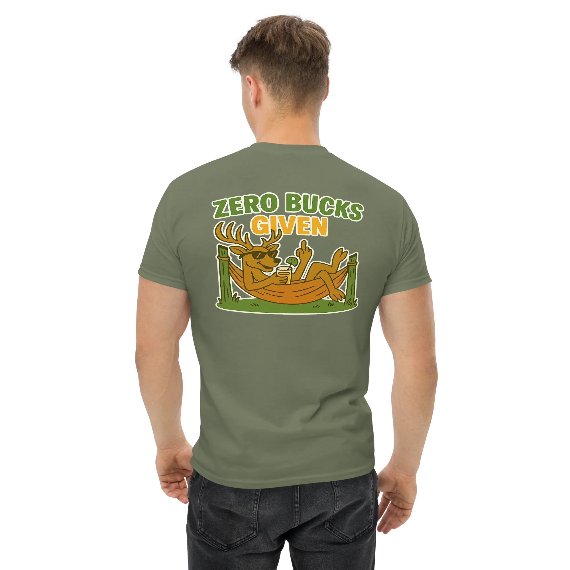 Man wearing military green unisex tee with cartoon deer and 'Zero Bucks Given' text on back