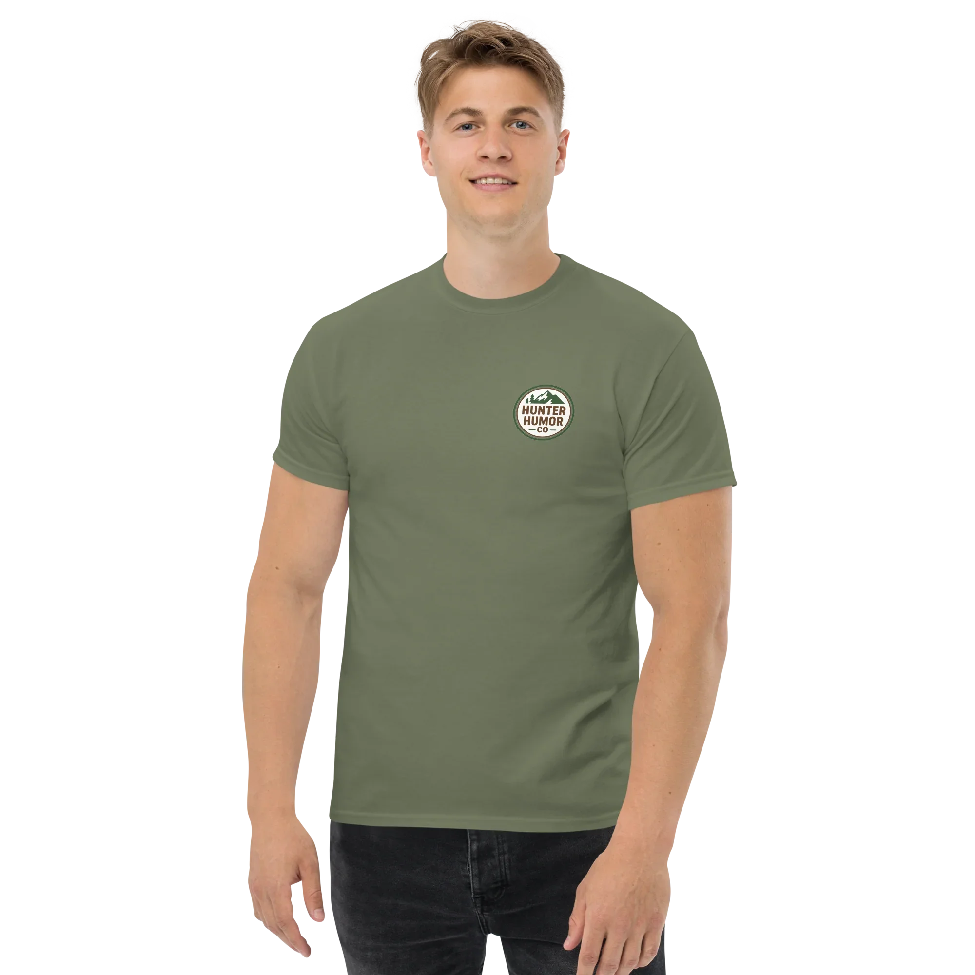 Man wearing military green unisex classic tee with Hunter Humor Co. logo on chest