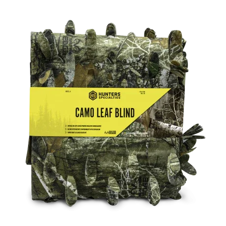 Camo leaf blind hunting cover with Hunters Specialties branding and yellow label.