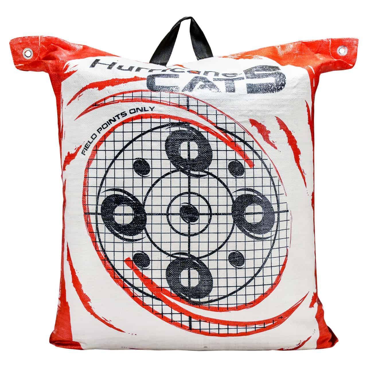 Hurricane CAT 5 high energy archery bag target with grid and bullseye circles, white and red