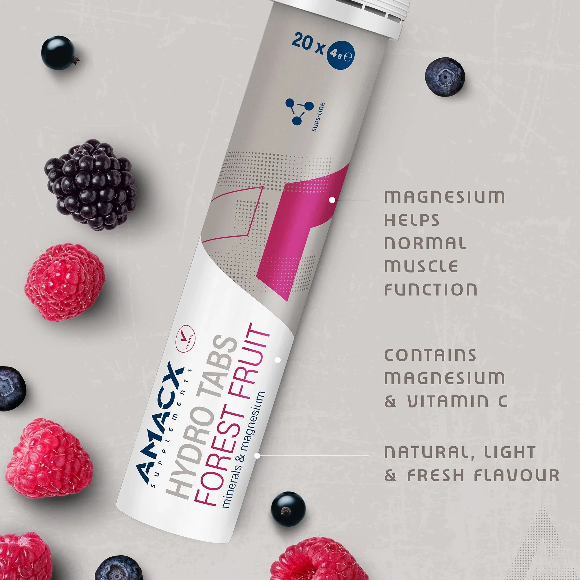 Amacx Hydro Tabs Forest Fruit supplement tube with berries and magnesium benefits text.