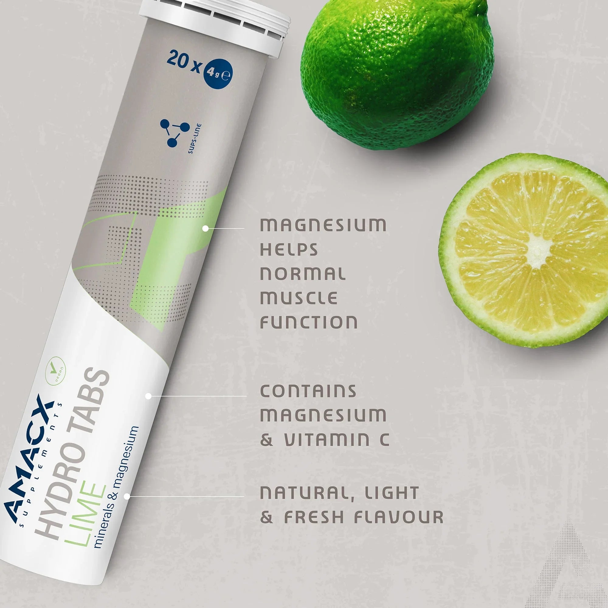 AMACX Hydro Tabs Lime tube with whole lime and lime slice, magnesium vitamin C benefits highlighted