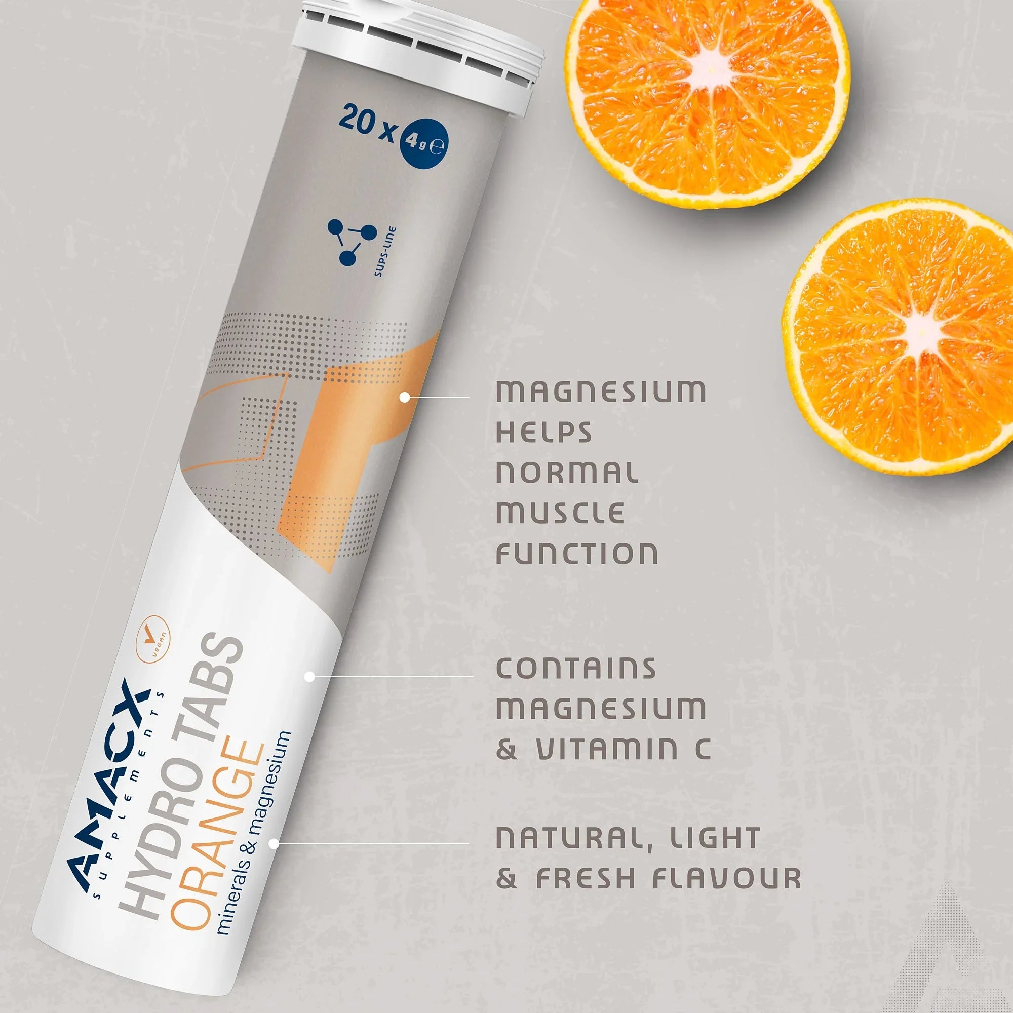 AMACX Hydro Tabs Orange tube with sliced orange halves, vitamin C and magnesium supplement.