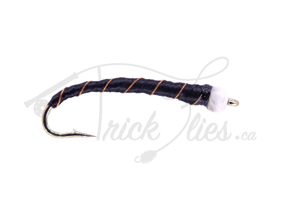 Ice Cream Cone fly fishing lure with white head, black body, and copper wire ribbing