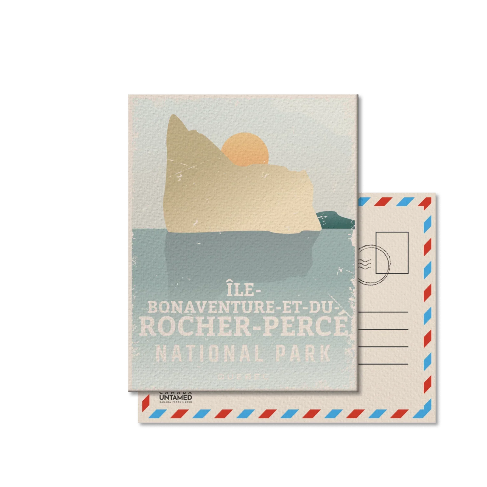 Île Bonaventure et du Rocher Percé National Park postcard with sunset and rock formation illustration