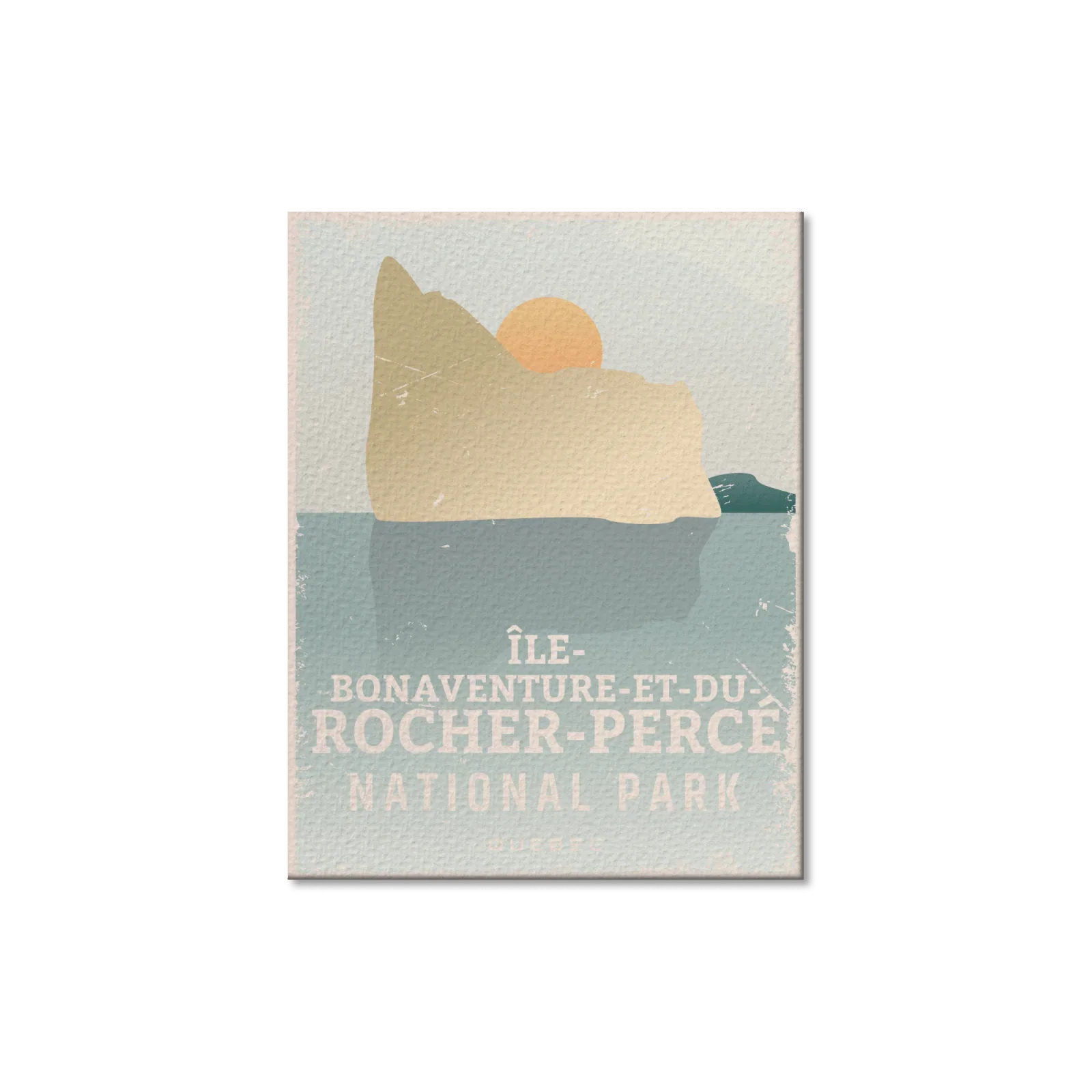 Vintage postcard of Île-Bonaventure-et-du-Rocher-Percé National Park with sun over rock.