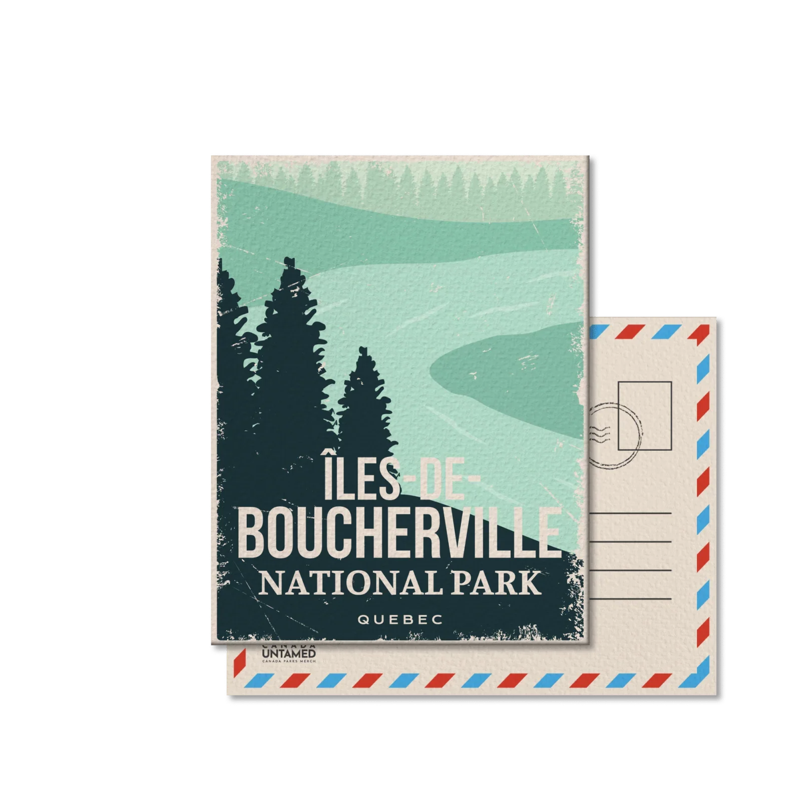 Îles-de-Boucherville National Park Quebec postcard with trees, river, and vintage design